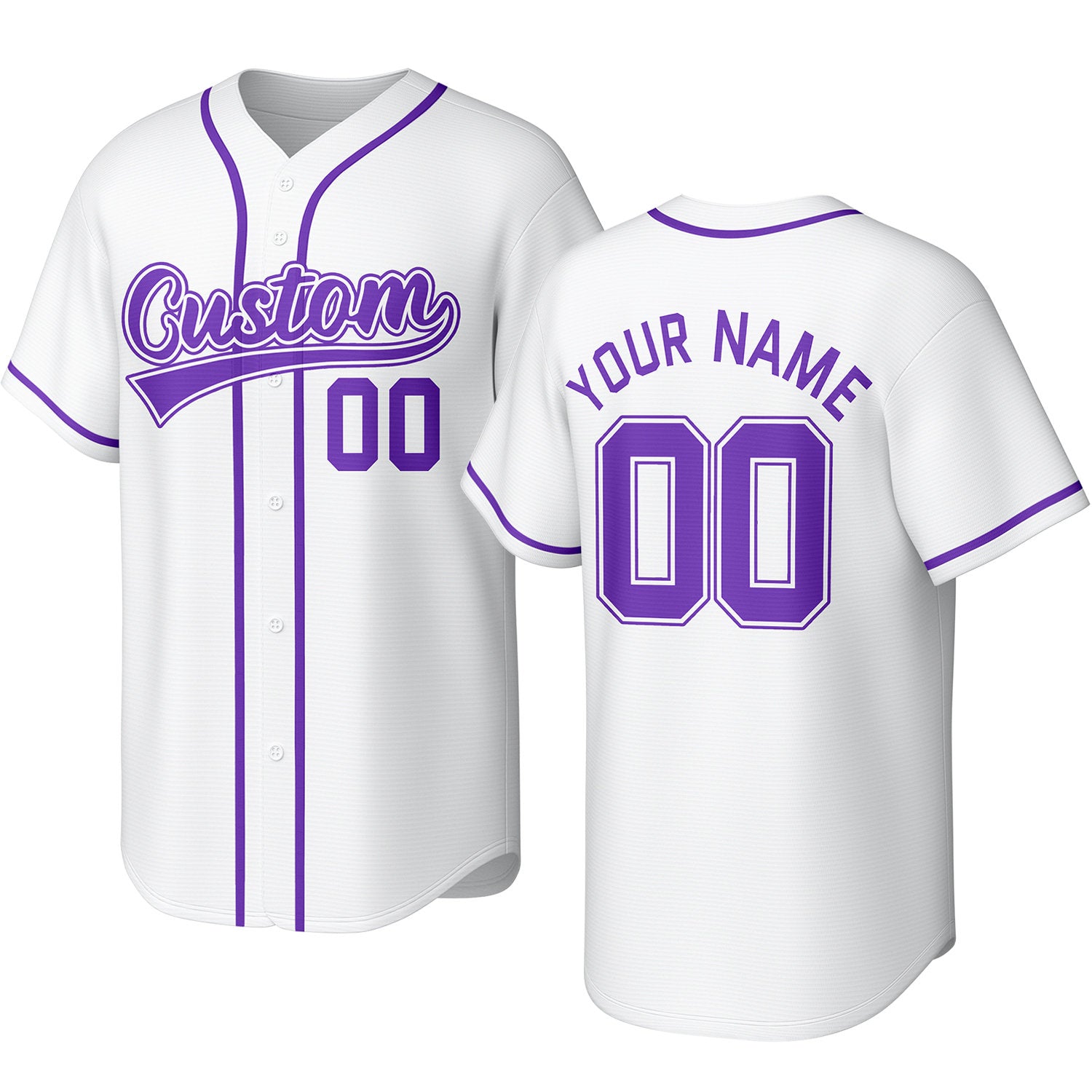 Custom white & purple baseball jersey with stitched logo, personalized name & number, button-front short-sleeve sports uniform for team men women youth game practice - Vosoli