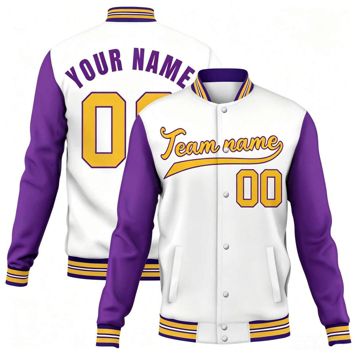 Custom white-purple contrast sleeve stitched varsity baseball jacket by Vosoli | Personalized team name &amp; number jacket for youth &amp; adults
