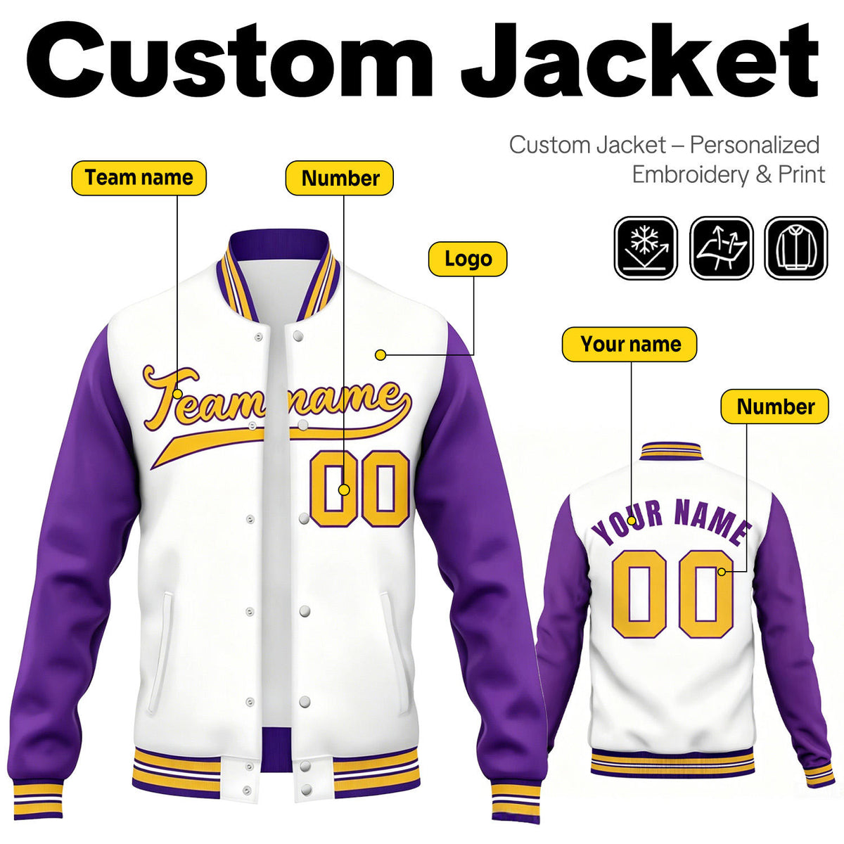 Custom White & Purple Contrast Sleeve Varsity Baseball Jacket | Personalized Team Name & Number