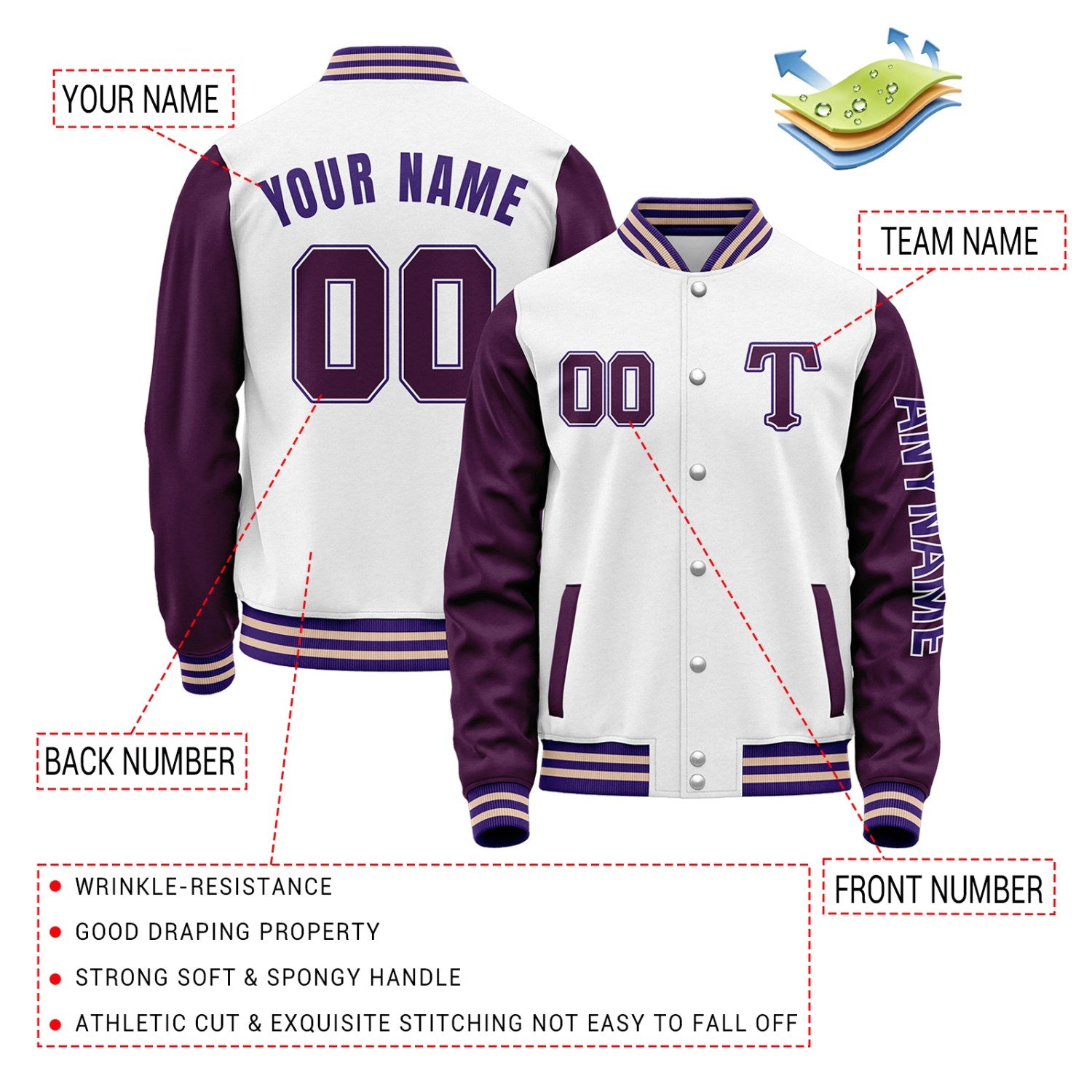 Custom White & Purple Varsity Letterman Jacket | Personalized Baseball Bomber Coat for Adult & Youth