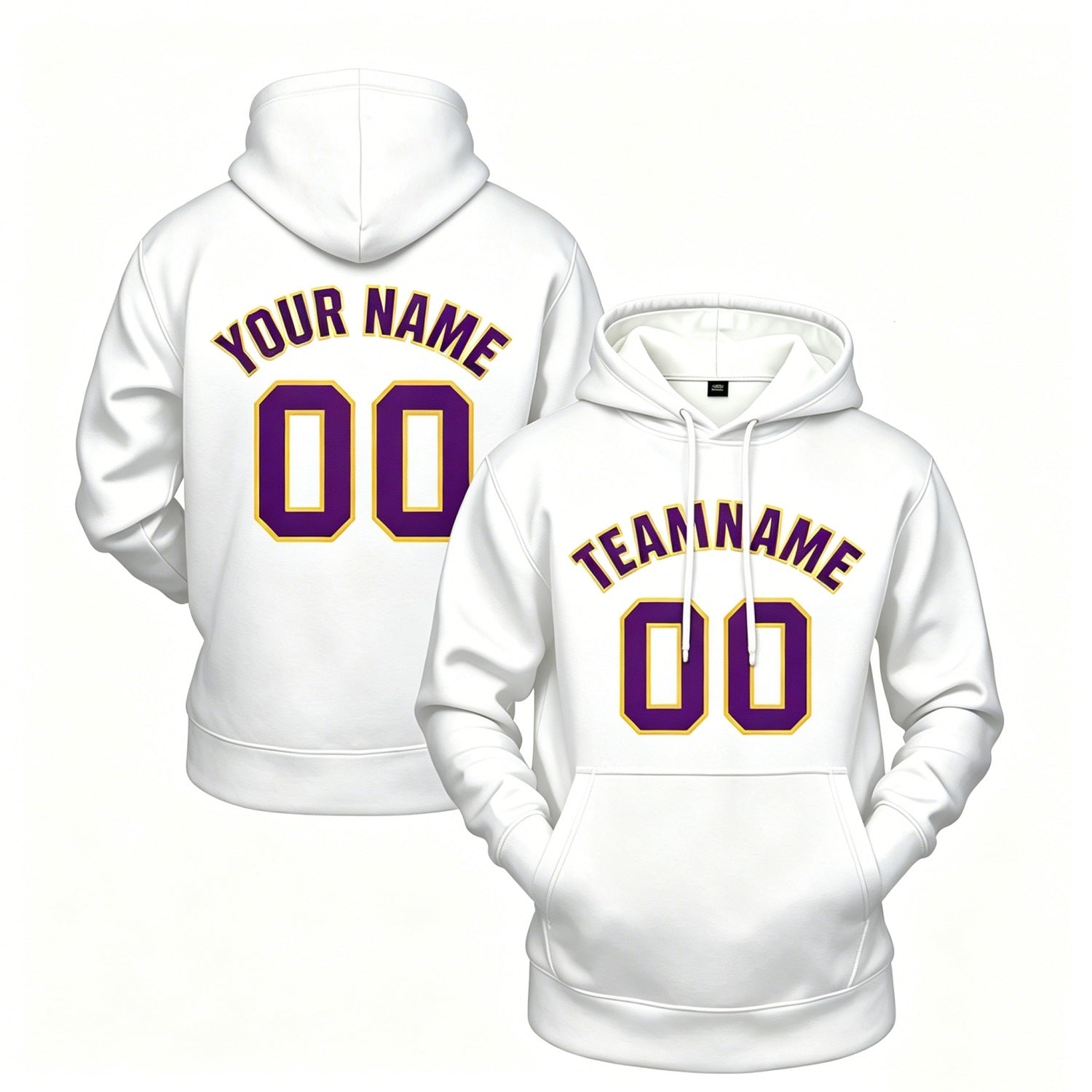 Custom white hoodie with purple print, personalized name & number pullover, casual sports hoodie for men women youth fan wear - Vosoli