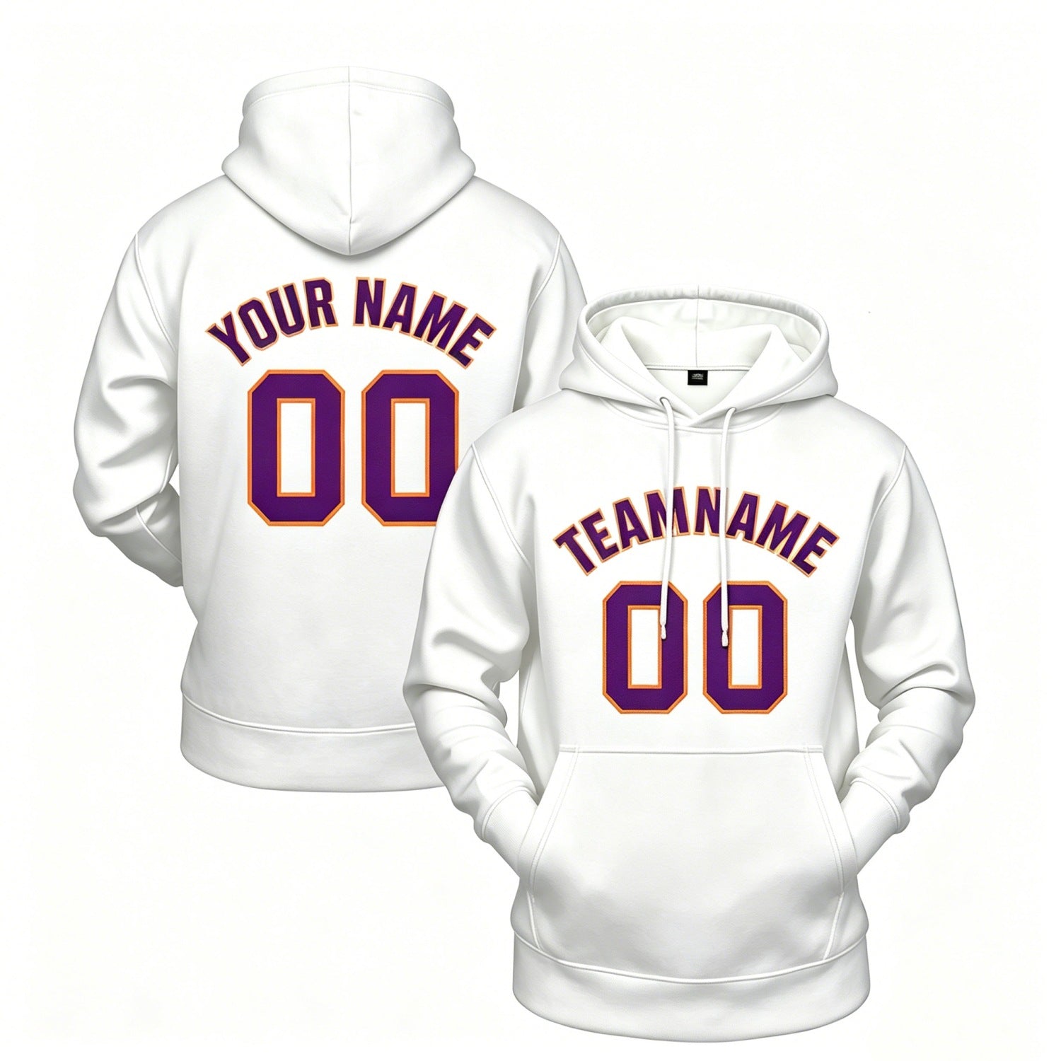 Custom white hoodie with purple print, personalized name & number pullover, casual sports hoodie for men women youth fan wear - Vosoli