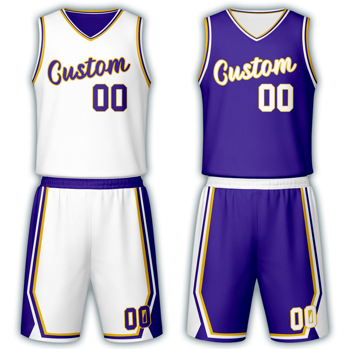 Custom white &amp; purple reversible basketball jersey set with shorts by Vosoli | Personalized team name, number &amp; logo | Breathable mesh sport jersey uniform