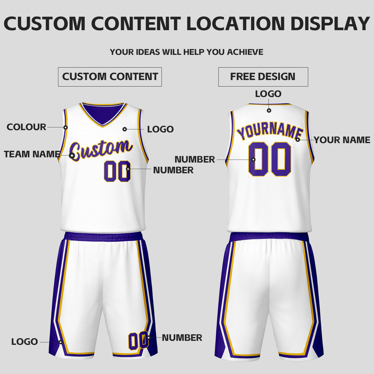 Custom White Purple Reversible Basketball Jersey Set | Personalized Name Number Mesh Sports Uniform