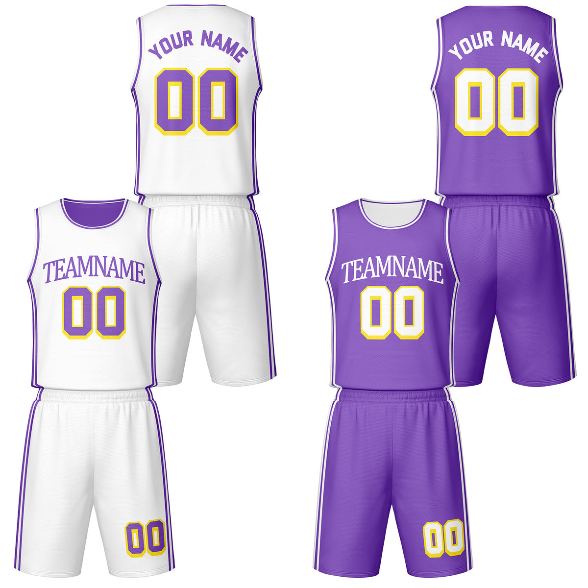 Custom white &amp; purple reversible basketball jersey shorts set by Vosoli | Personalized team name number vintage uniform sportswear
