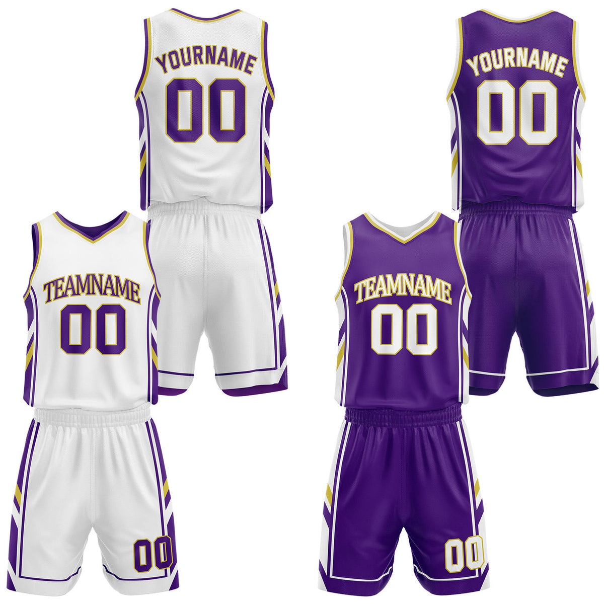 Custom white &amp; purple reversible basketball uniform set by Vosoli | Personalized team name, number &amp; logo | Breathable mesh jersey and shorts sport set