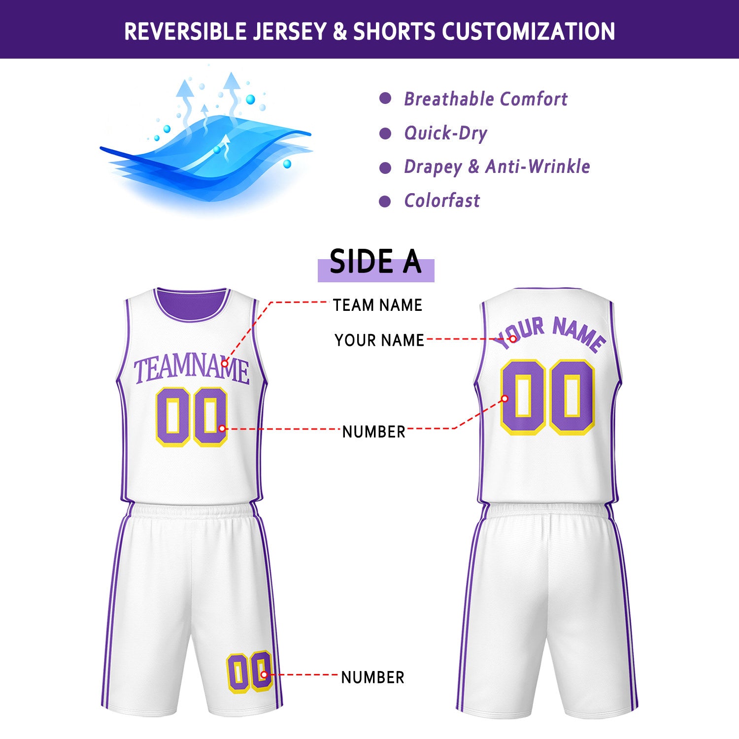 Custom White & Purple Reversible Basketball Jersey Shorts Set | Personalized Team Uniform