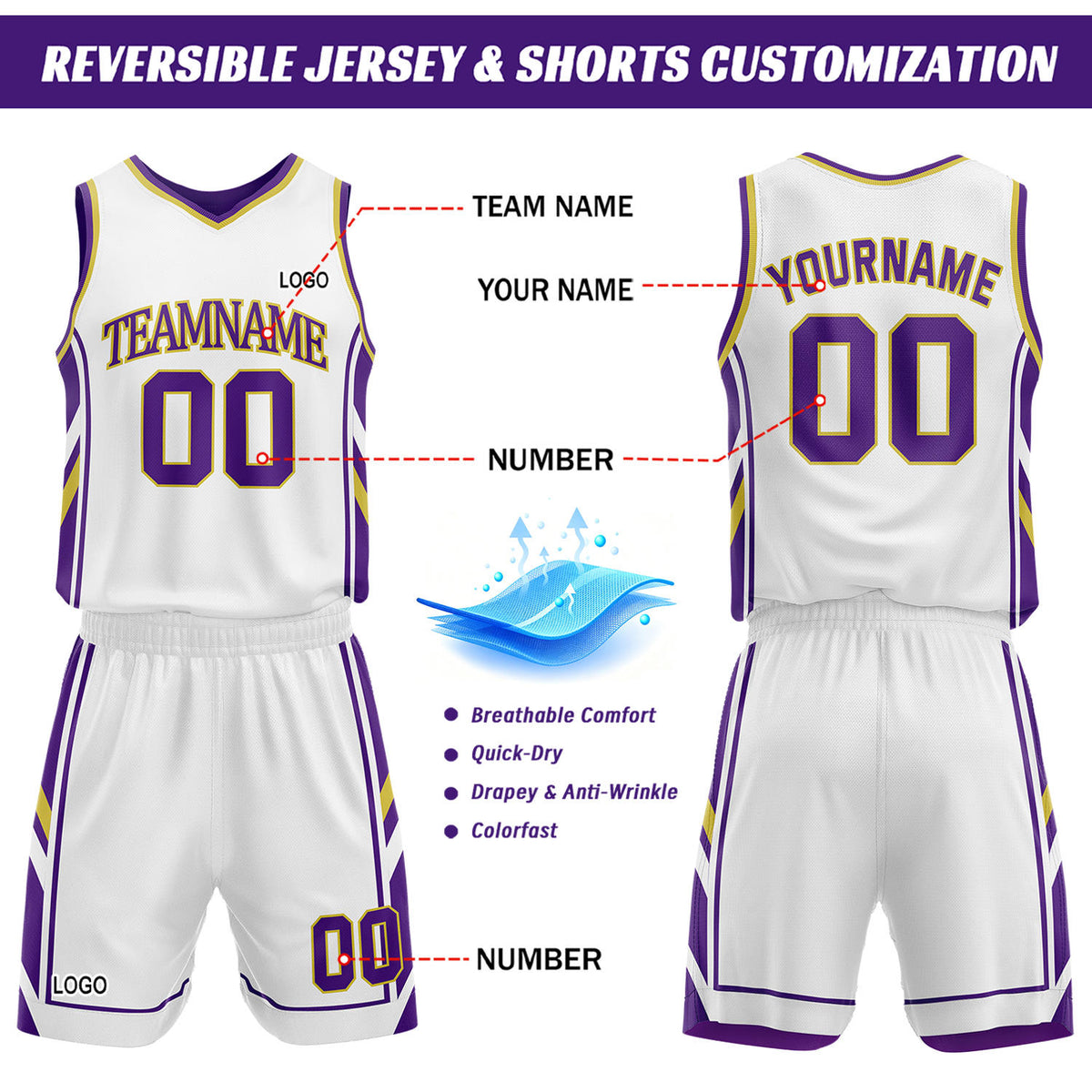 Custom White & Purple Reversible Basketball Uniform Set | Personalized Name Number Sports Jersey Shorts Kit