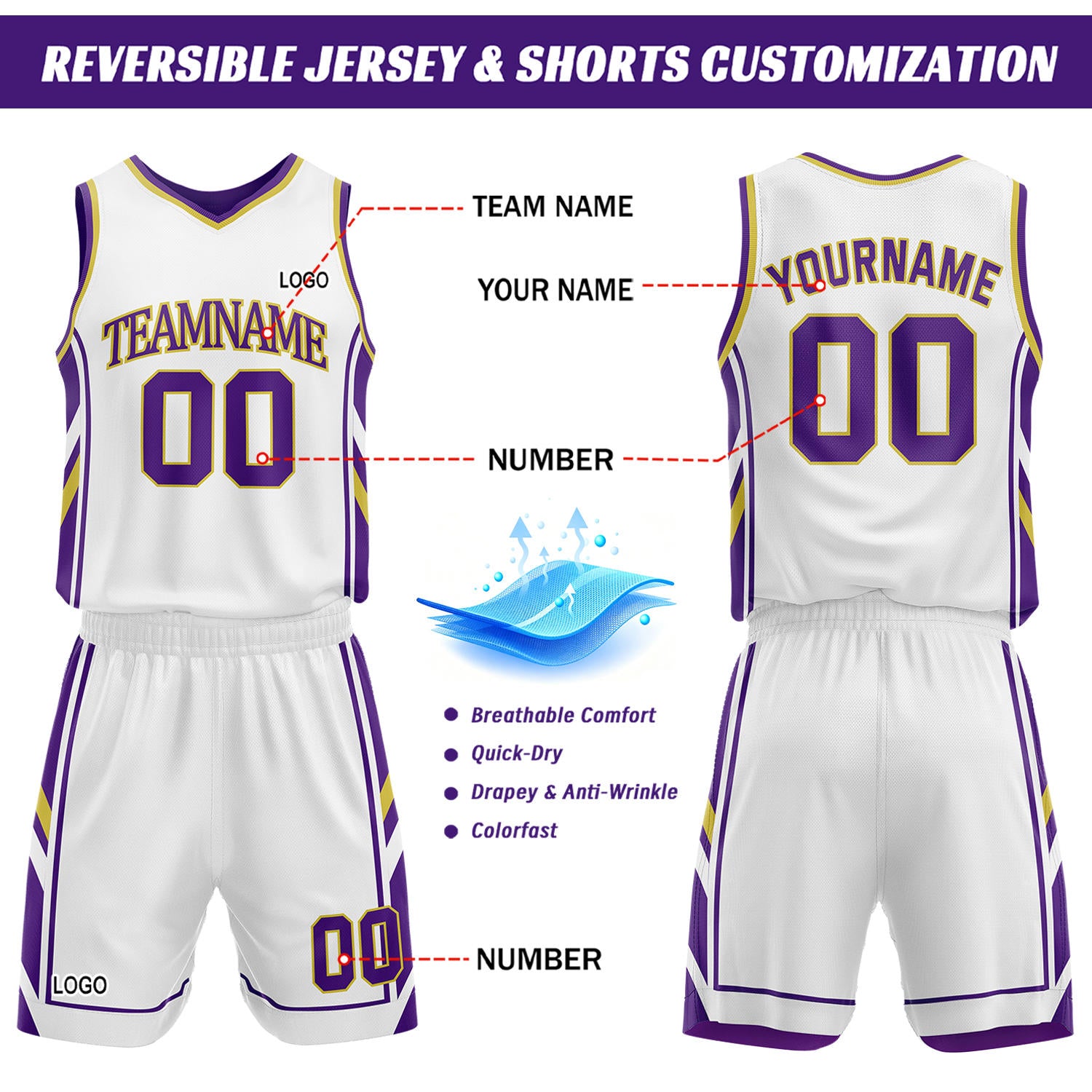 Custom White & Purple Reversible Basketball Uniform Set | Personalized Name Number Sports Jersey Shorts Kit