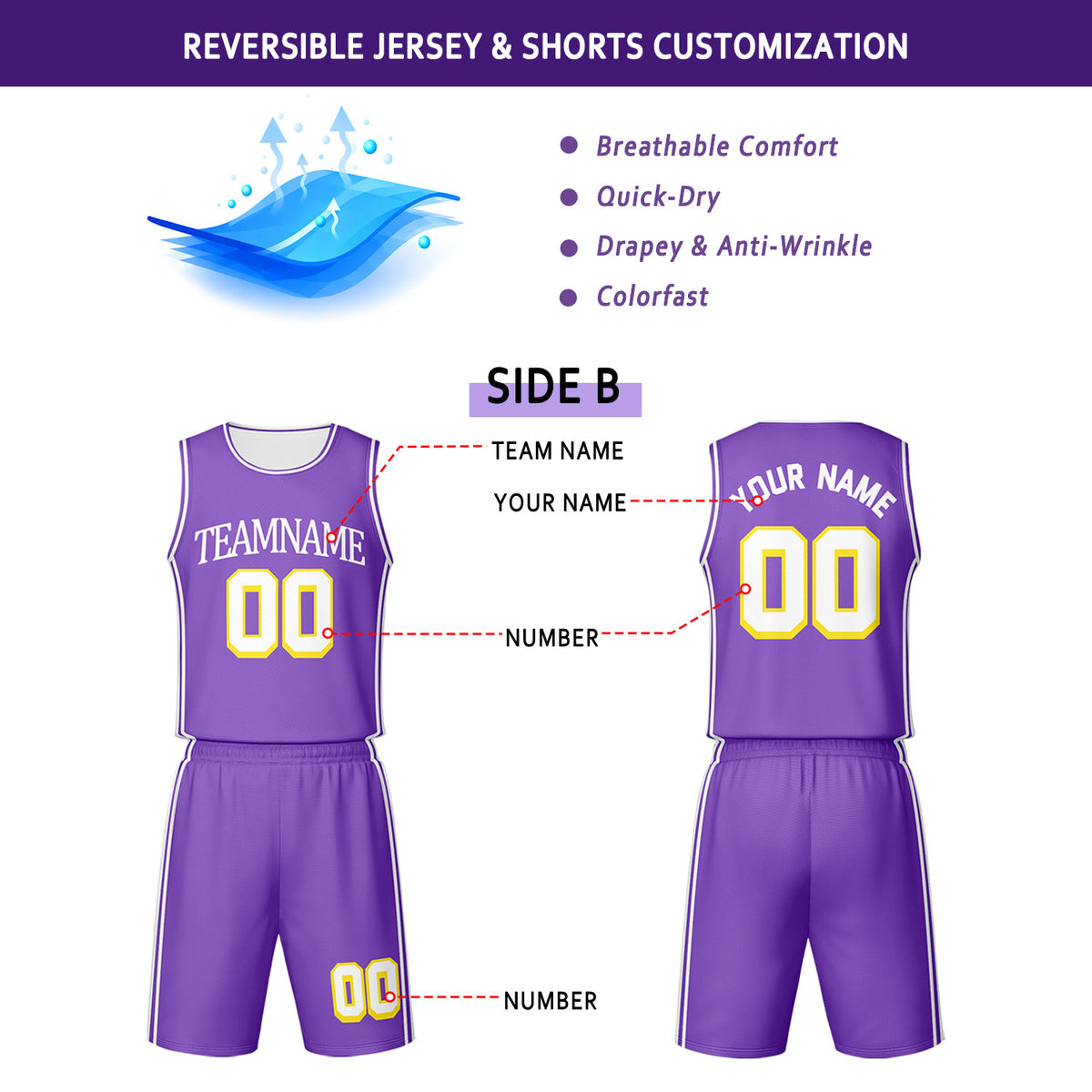 Custom White & Purple Reversible Basketball Jersey Shorts Set | Personalized Team Uniform