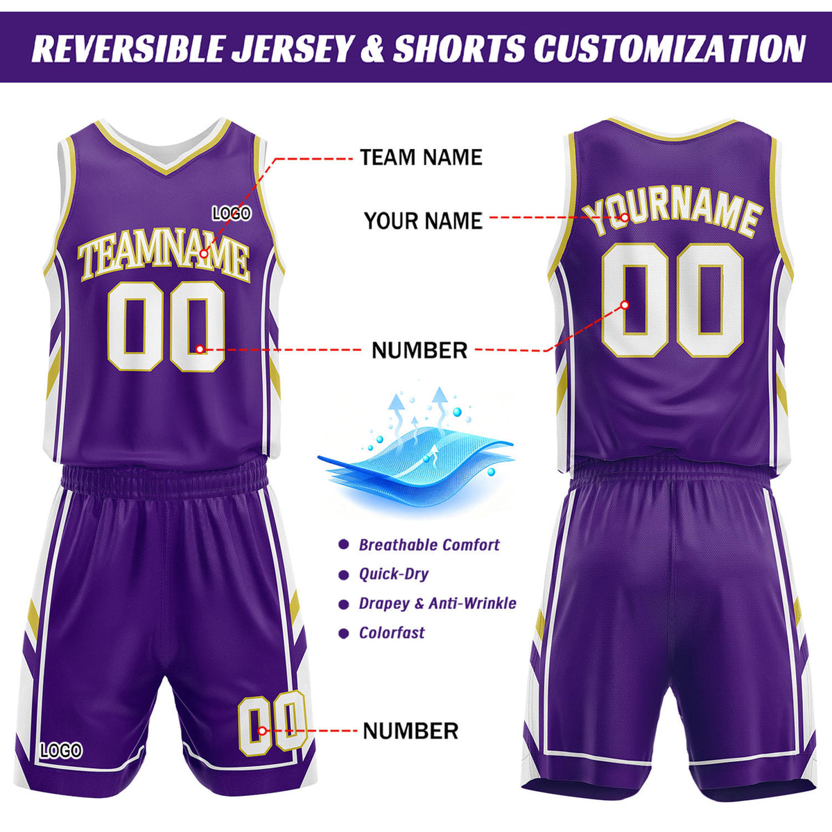 Custom White & Purple Reversible Basketball Uniform Set | Personalized Name Number Sports Jersey Shorts Kit