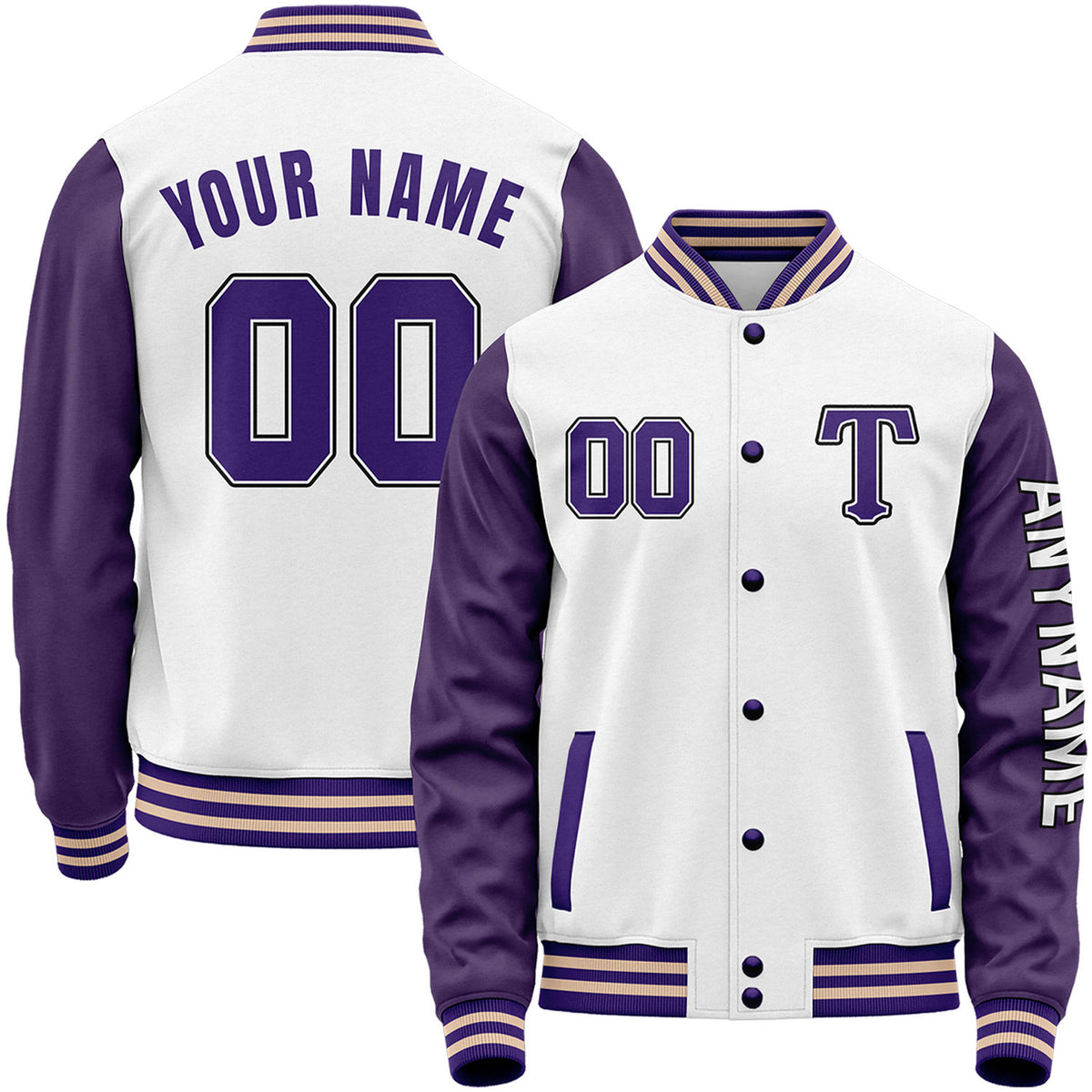 Custom white and purple youth baseball team jacket by Vosoli with stitched name, number and logo. Classic varsity jacket for baseball and casual wear.