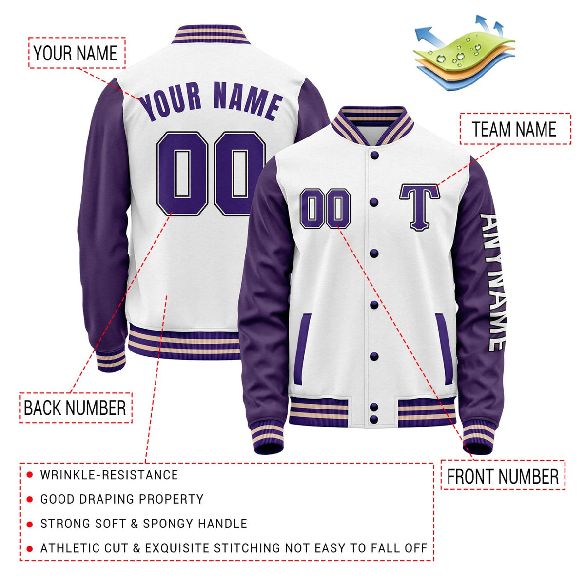 Custom White & Purple Varsity Letterman Jacket | Personalized Baseball Bomber Coat for Adult & Youth