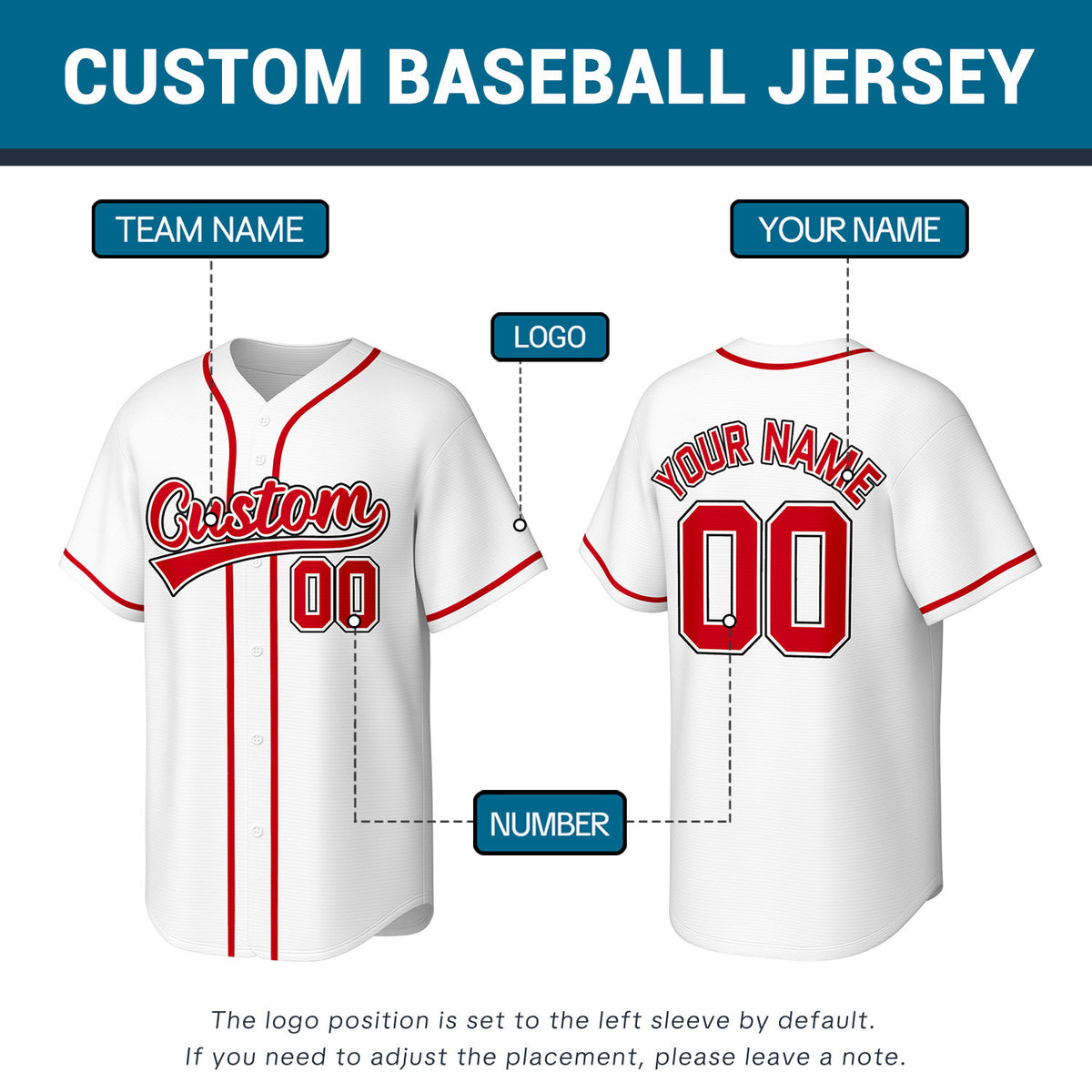 Custom Stitched Baseball Jersey White Red | Personalized Name & Number | Team Uniform
