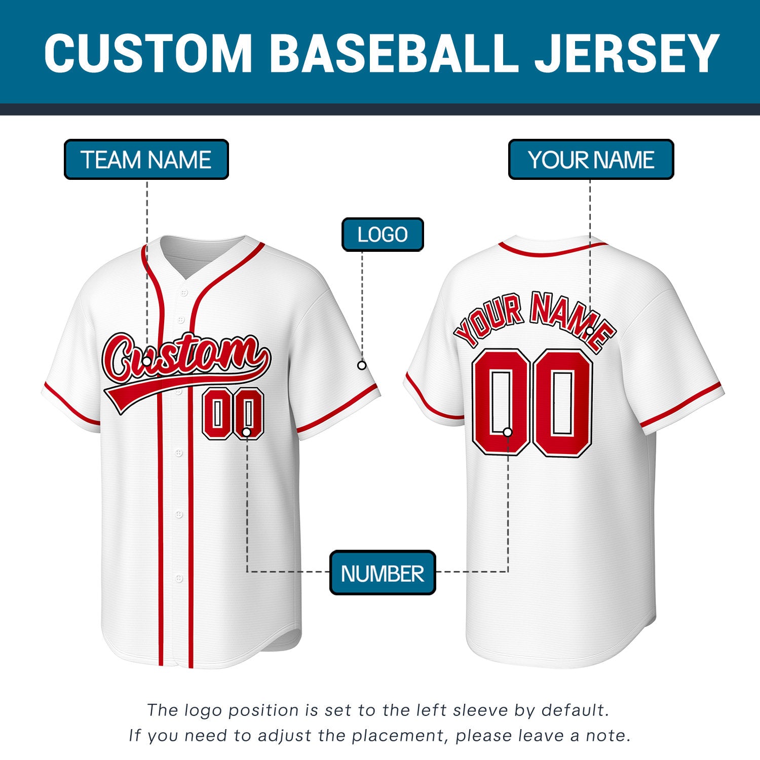 Custom Stitched Baseball Jersey White Red | Personalized Name & Number | Team Uniform