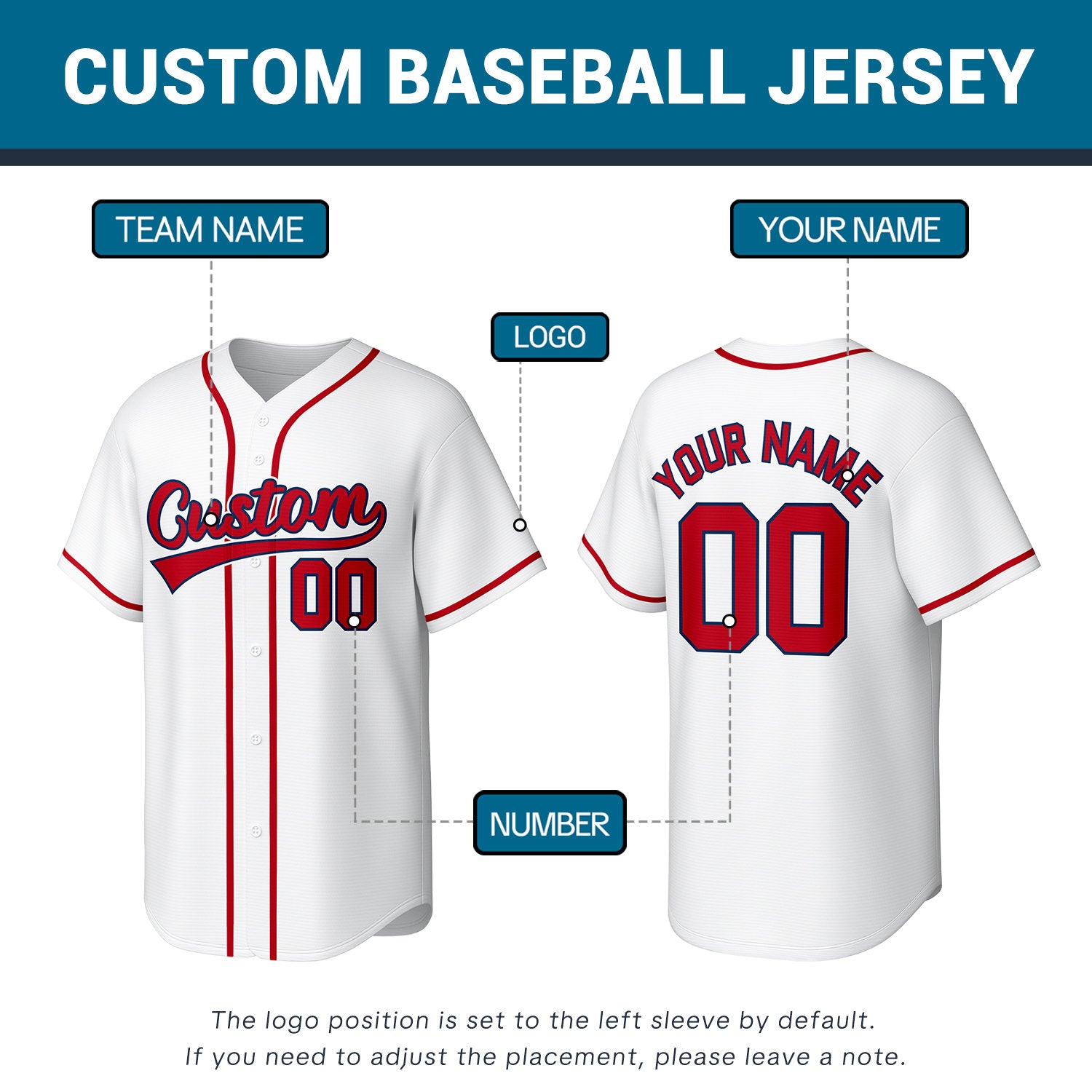 Custom Stitched Baseball Jersey White Red | Personalized Name & Number | Team Uniform