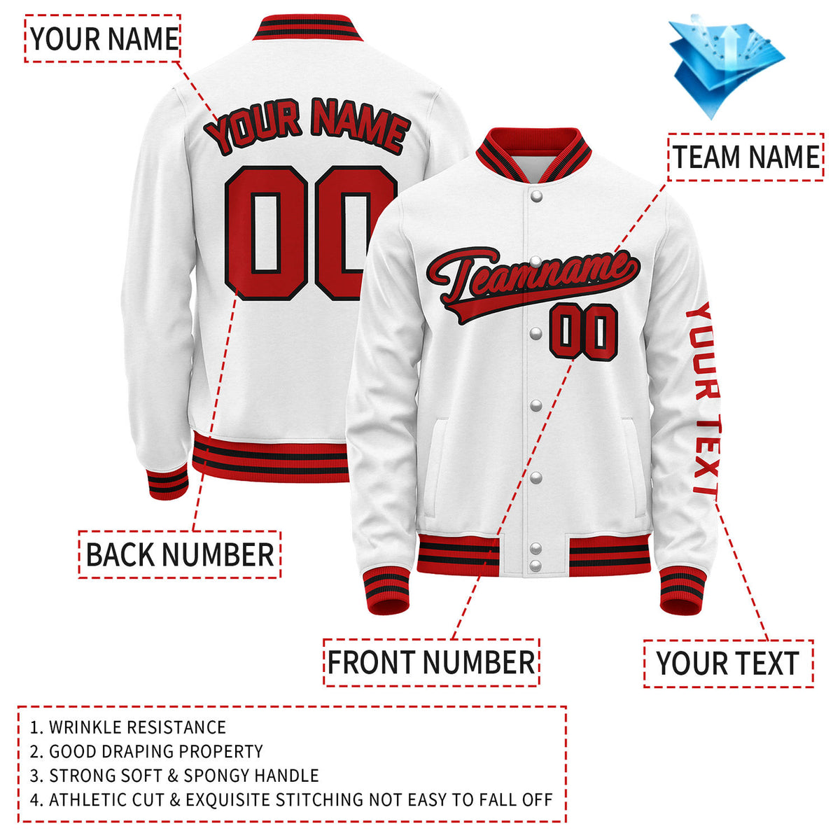 Custom White Red Jacket Personalized Team Name Number Letterman Bomber for Adult & Youth
