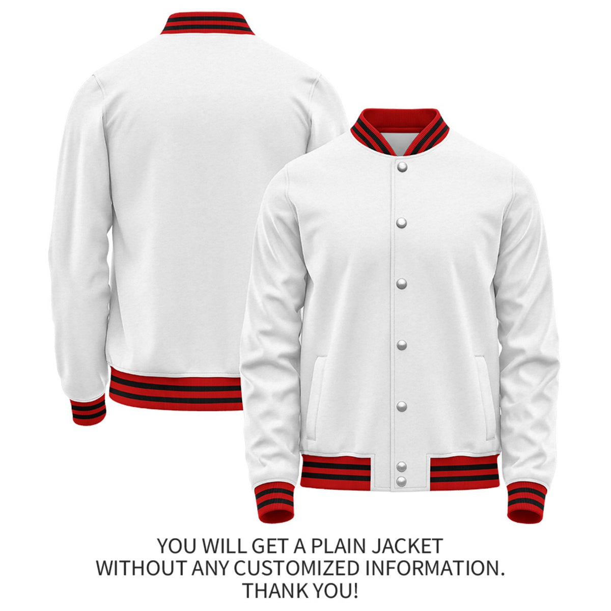 Custom White Red Jacket Personalized Team Name Number Letterman Bomber for Adult & Youth