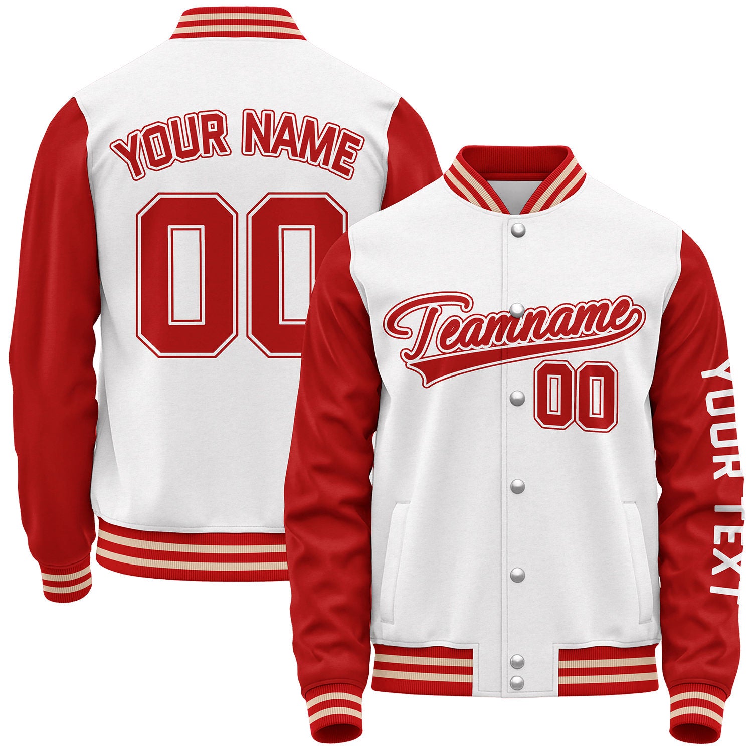 Custom white and red baseball team outerwear by Vosoli with stitched name, number and logo. Classic varsity jacket for baseball and casual wear.