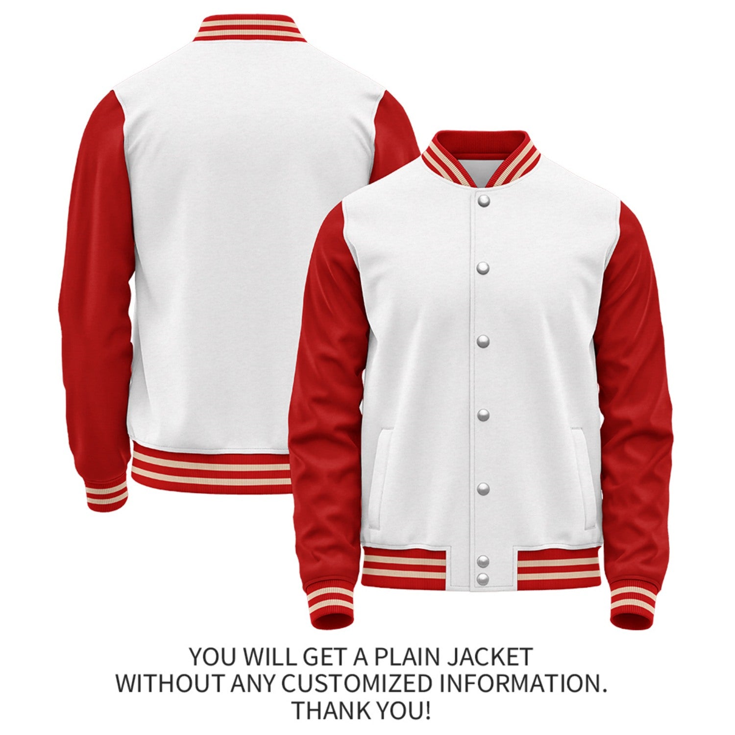 Custom White Red Jacket Personalized Team Name Number Letterman Bomber for Adult & Youth