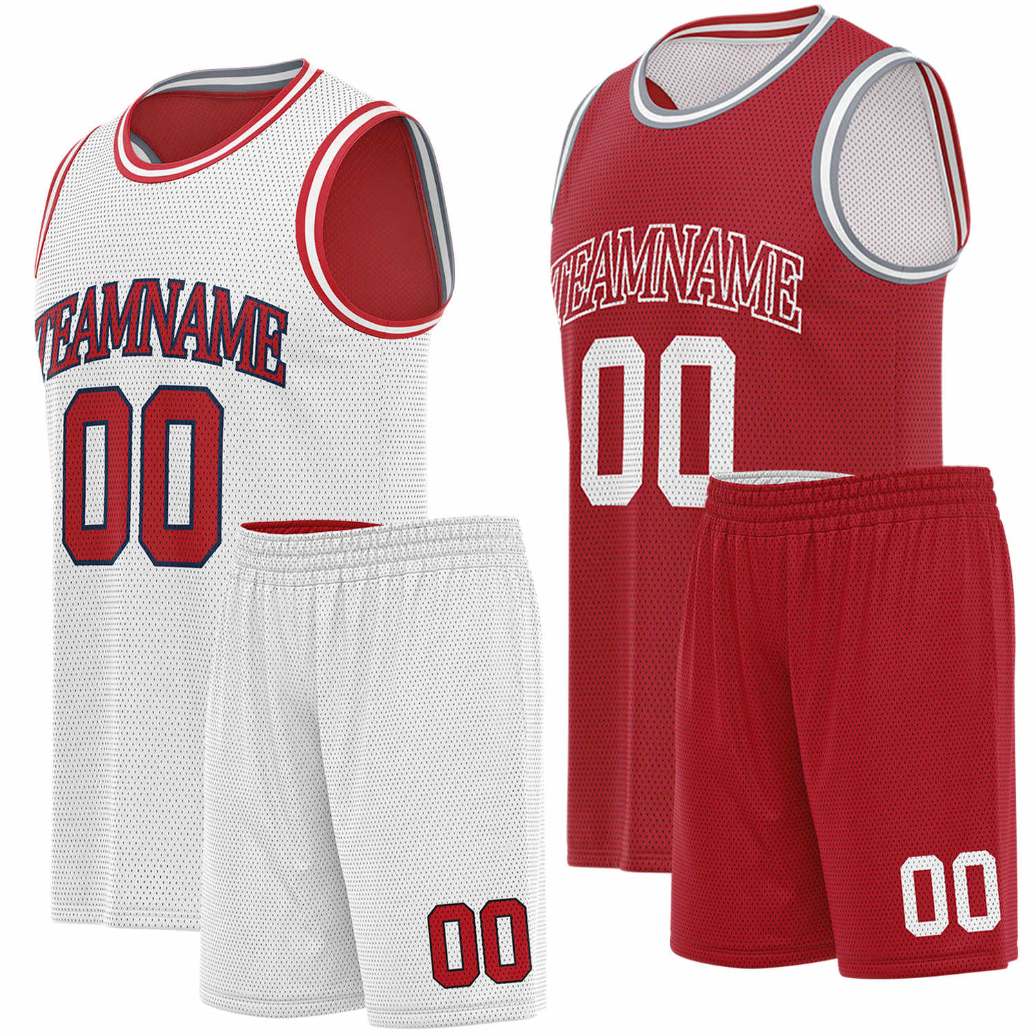 Custom white & red basketball jersey set, personalized name number team logo, sleeveless jersey with matching shorts sports uniform for men women youth adult game practice - Vosoli