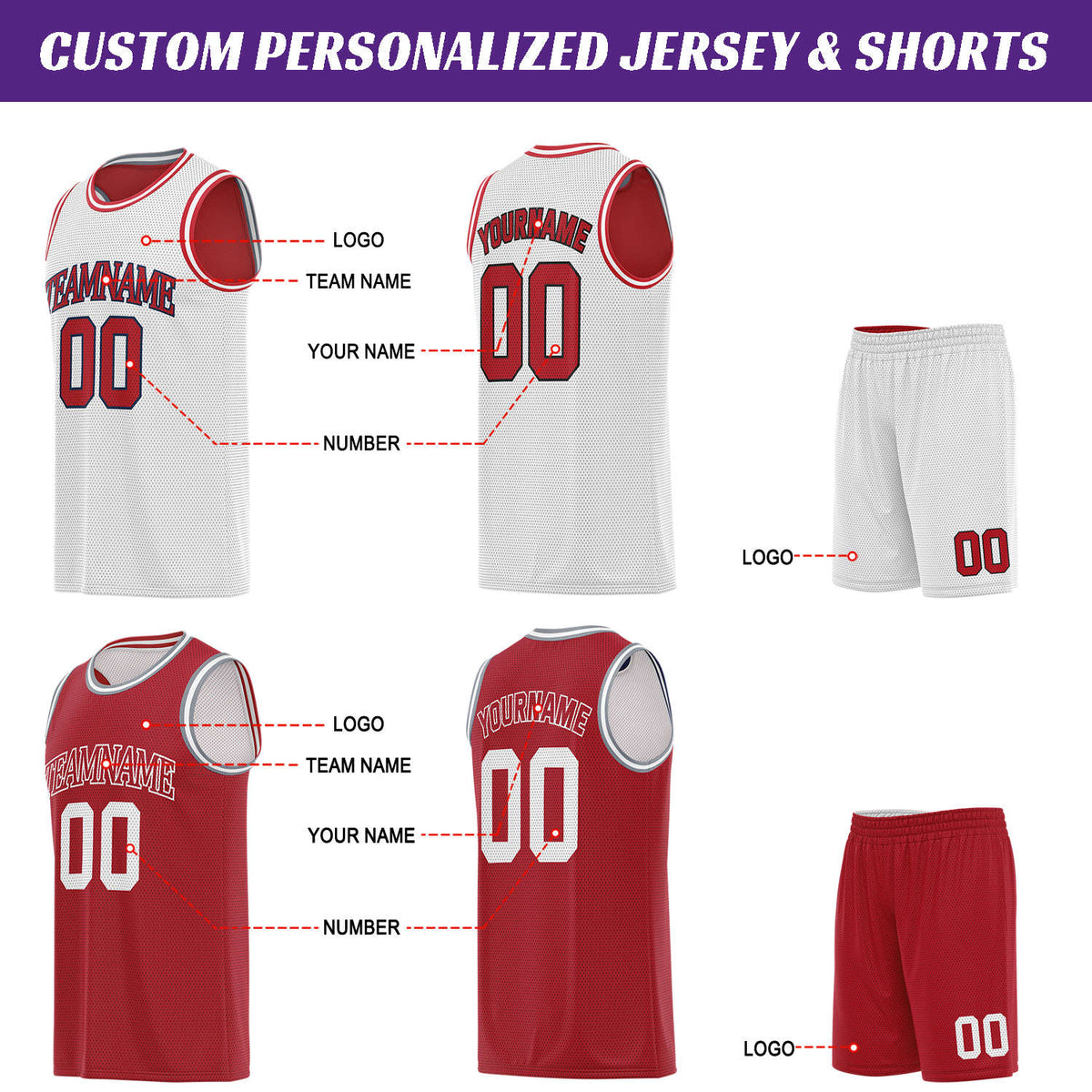 Custom White & Red Basketball Jersey Set | Personalized Team Uniform | Vosoli