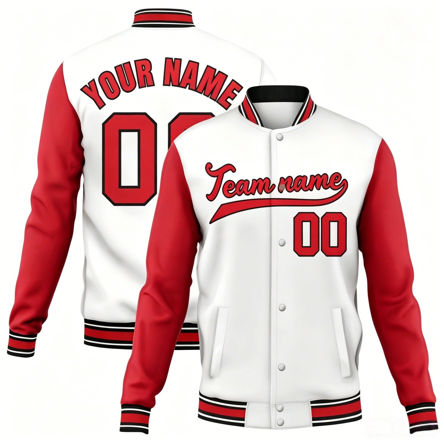 Custom white-red contrast sleeve stitched varsity baseball jacket by Vosoli | Personalized team name & number jacket for youth & adults