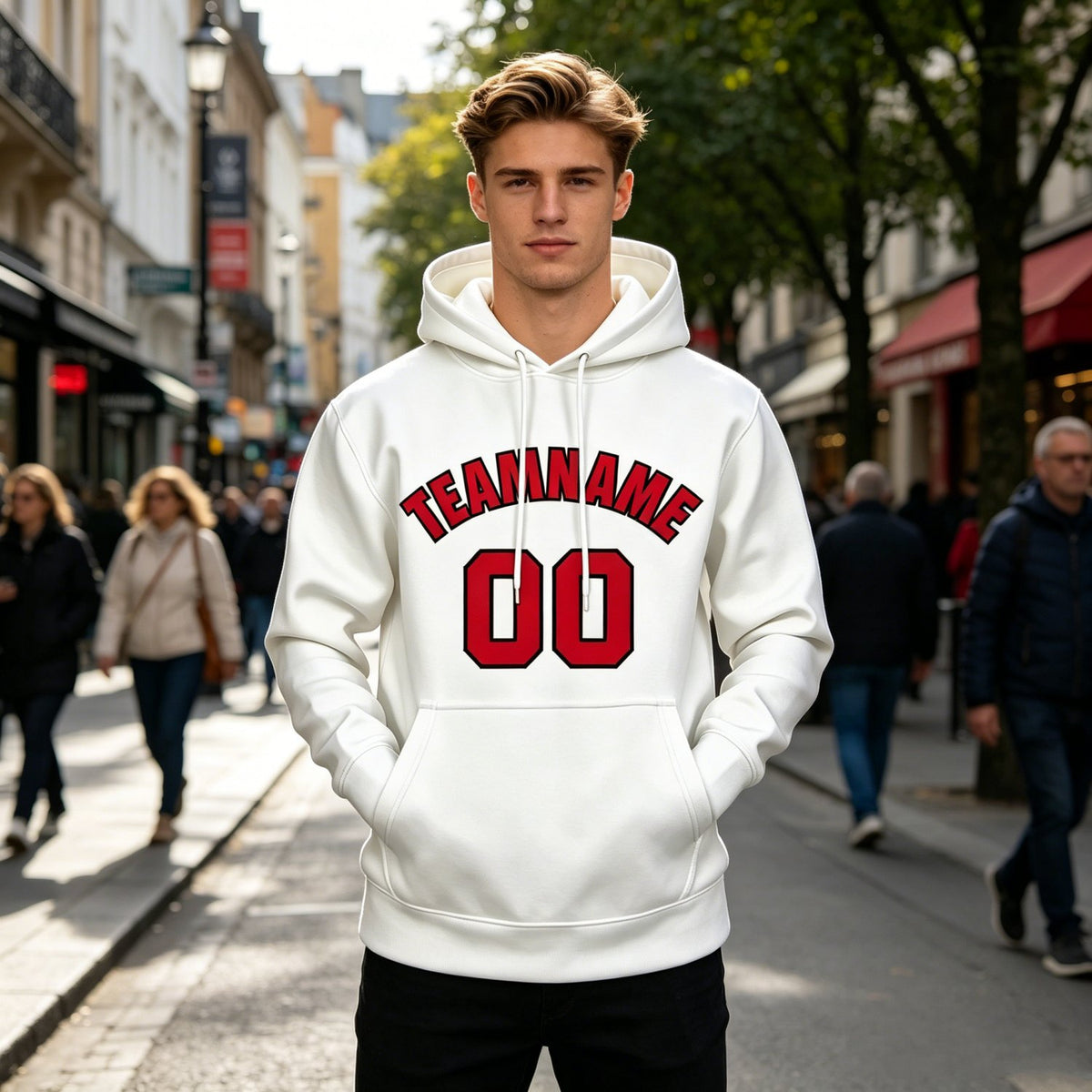 Custom White & Red Hoodie | Personalized Name & Number Sports Pullover | Vosoli