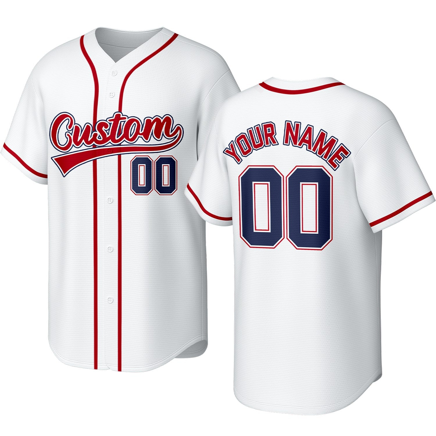Custom white, red & navy baseball jersey with logo, personalized name & number, button-front short-sleeve sports uniform for team men women youth game practice - Vosoli