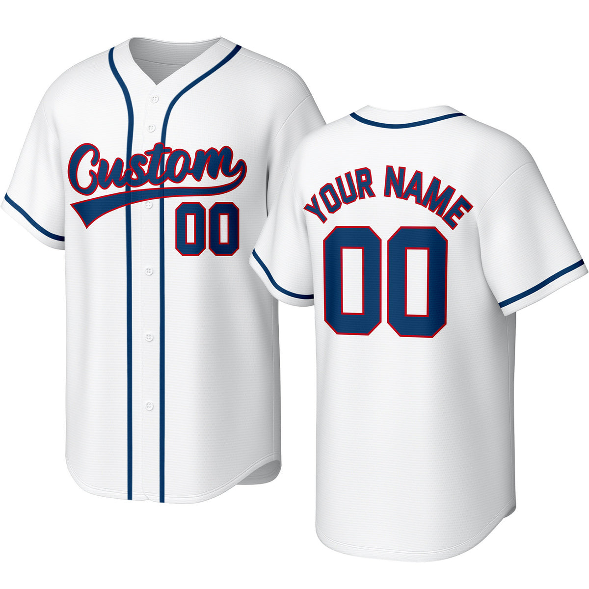 Custom white, red &amp; navy baseball jersey with stitched logo, personalized name &amp; number, button-front short-sleeve sports uniform for team men women youth game practice - Vosoli