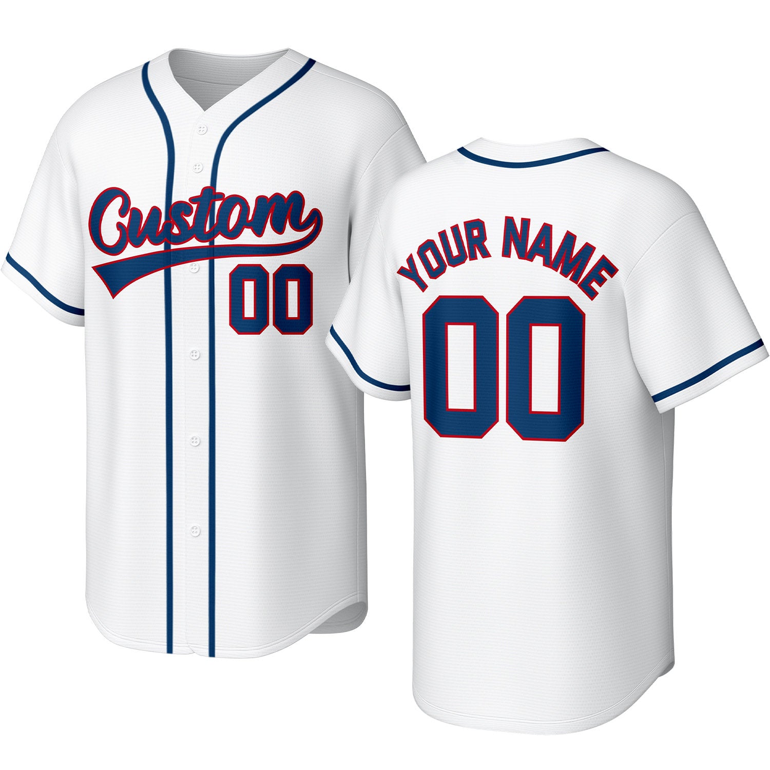 Custom white, red & navy baseball jersey with stitched logo, personalized name & number, button-front short-sleeve sports uniform for team men women youth game practice - Vosoli