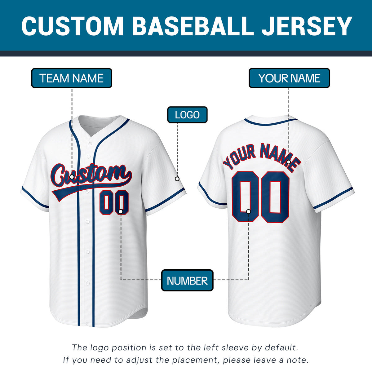 Custom Stitched Baseball Jersey White Red Navy | Personalized Name & Number | Team Uniform