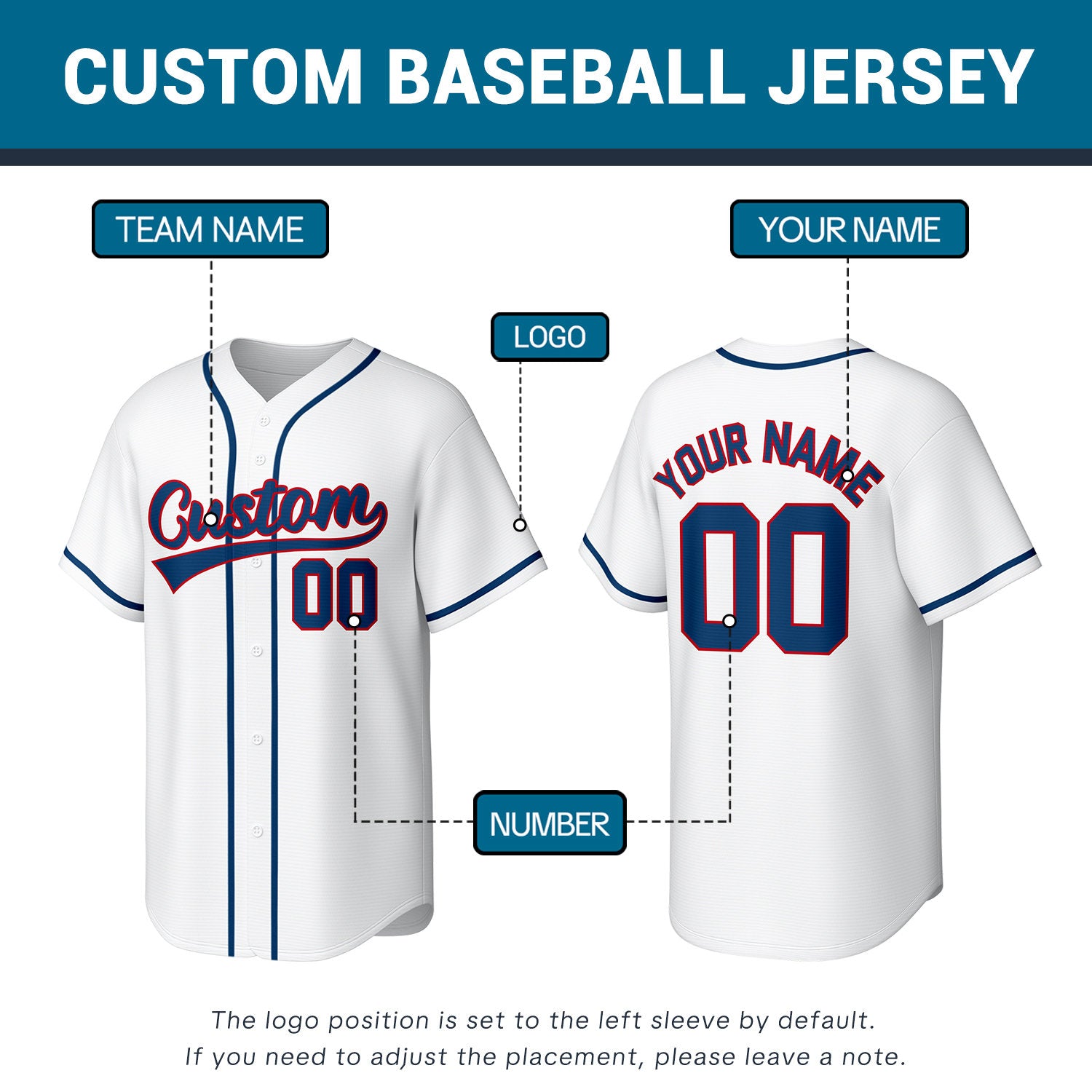 Custom Stitched Baseball Jersey White Red Navy | Personalized Name & Number | Team Uniform
