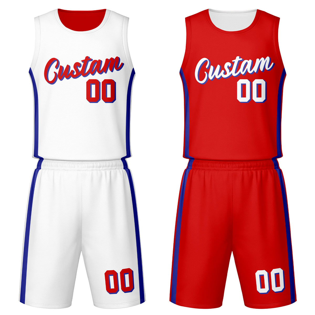 Custom white &amp; red reversible basketball jersey set with shorts by Vosoli | Personalized team name, number &amp; logo | Breathable mesh sport jersey uniform