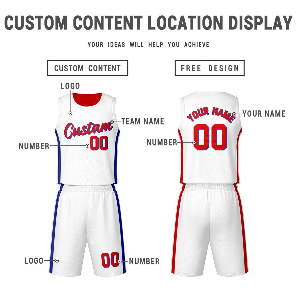 Custom White Red Reversible Basketball Jersey Set | Personalized Name Number Mesh Sports Uniform