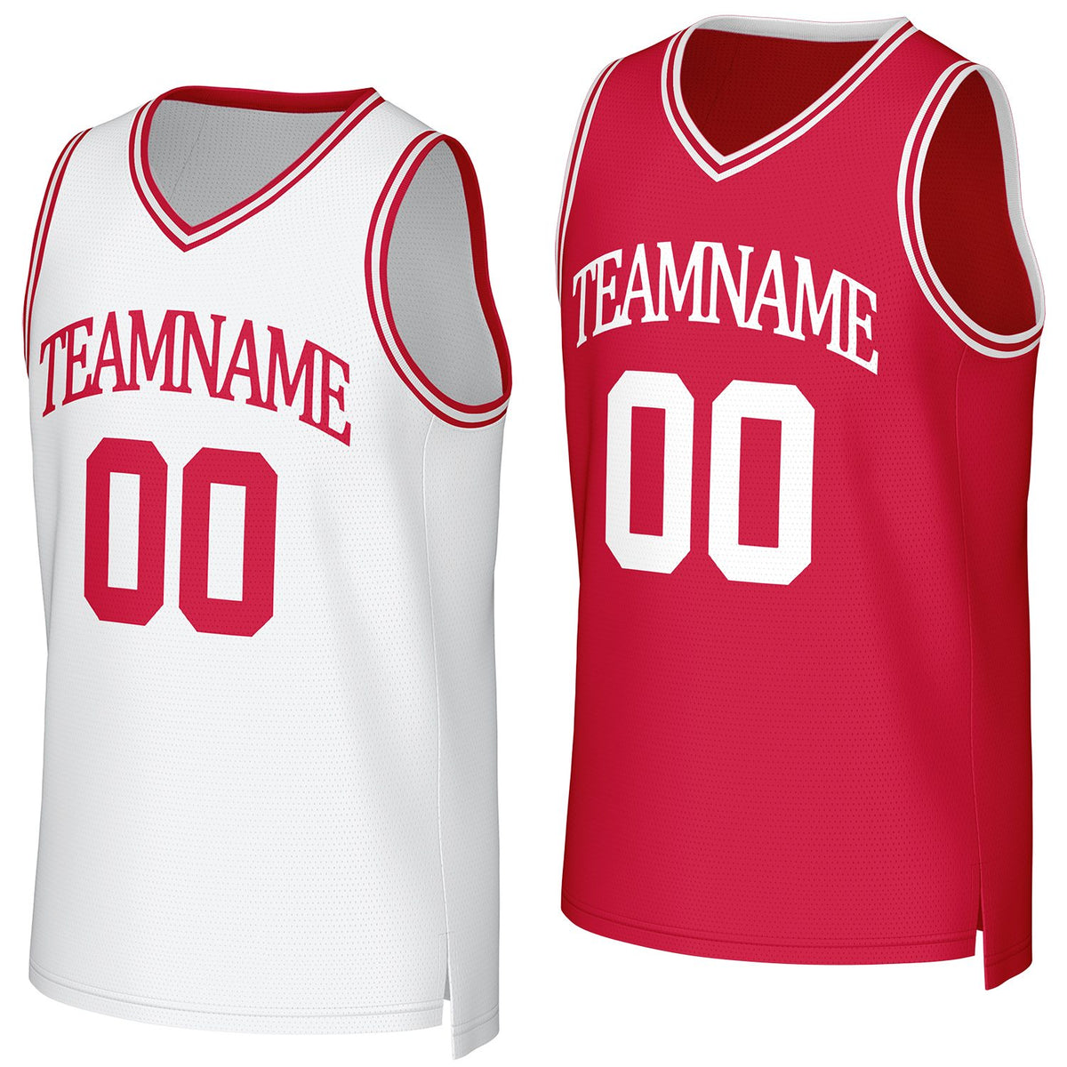 Custom white &amp; red reversible basketball jersey by Vosoli | Personalized team name &amp; number sportswear