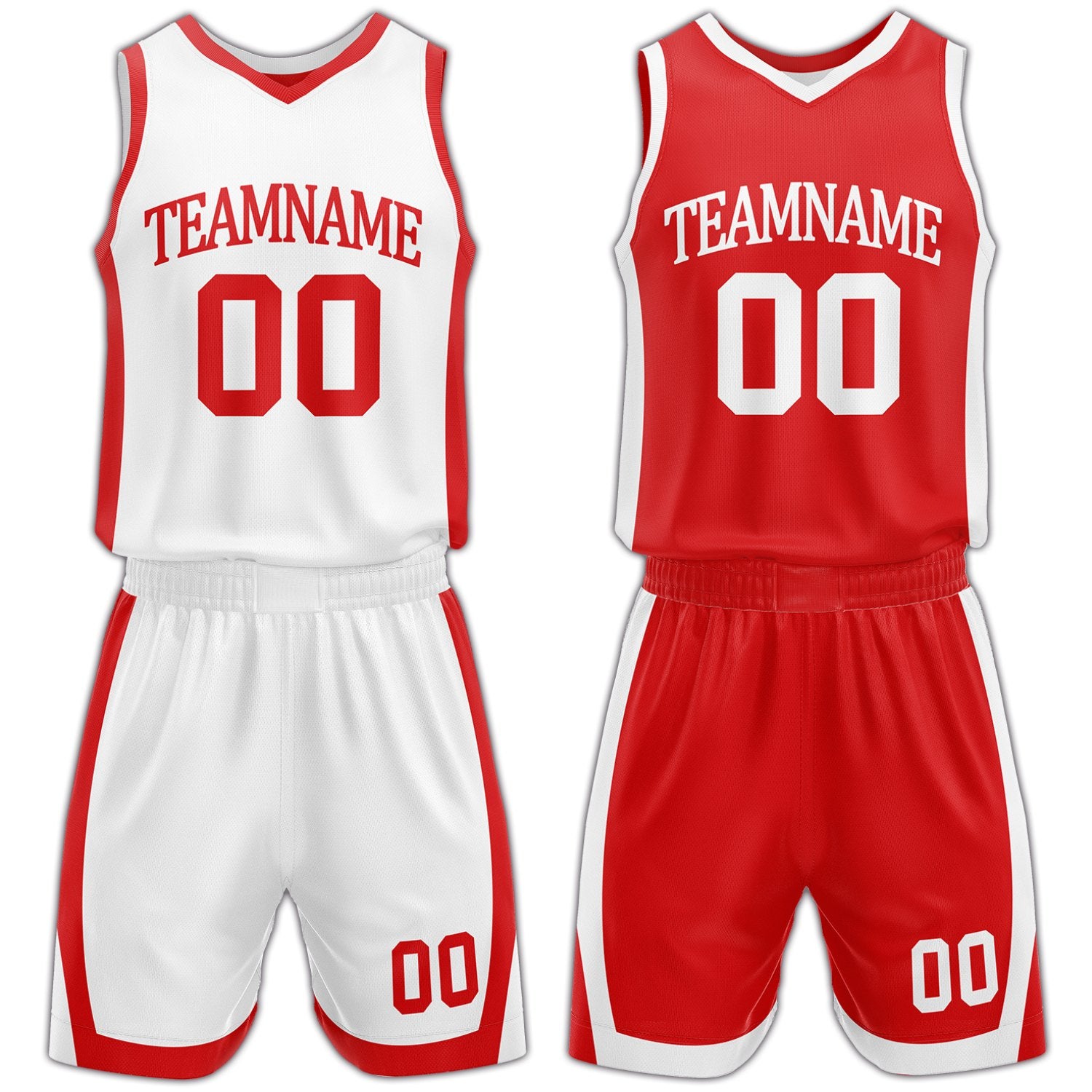 Custom white and red reversible basketball uniform by Vosoli. Personalized with team name, number, and logo. Breathable mesh jersey and shorts for high school, college, AAU teams.