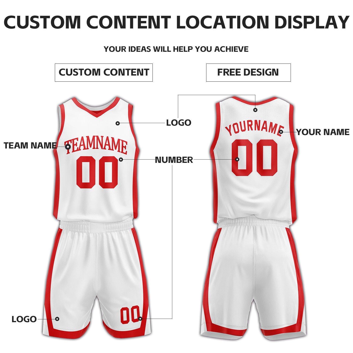 Custom White & Red Reversible Basketball Uniform Set | Personalized Name Number Sports Jersey Shorts Kit