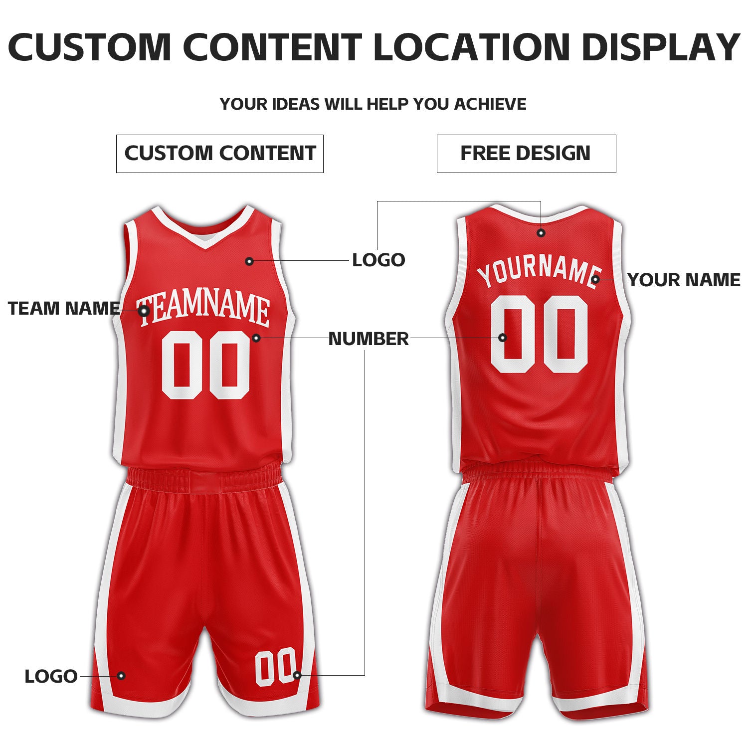 Custom White & Red Reversible Basketball Uniform Set | Personalized Name Number Sports Jersey Shorts Kit