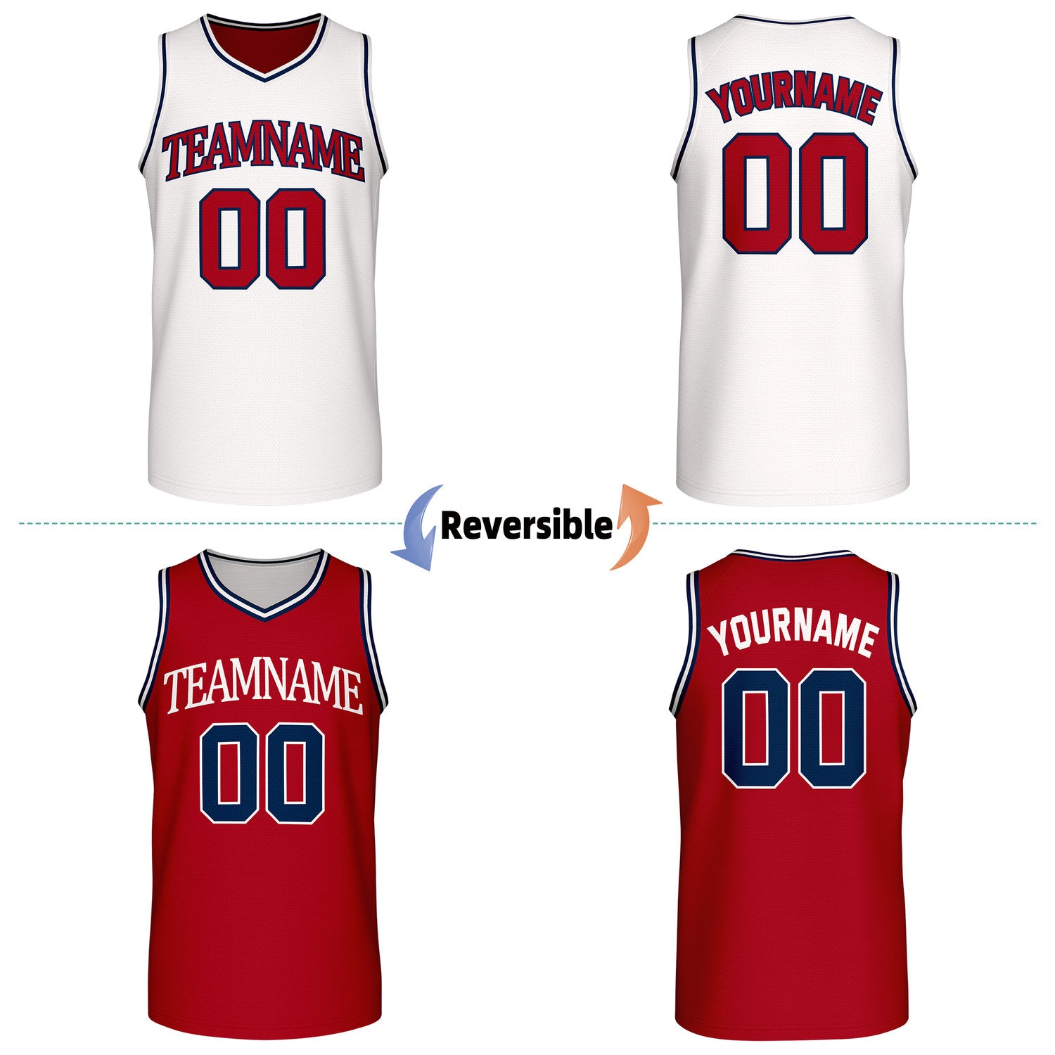 Custom reversible retro white & red basketball jersey, personalized team name & number, 2-in-1 sleeveless uniform for men women youth adult game practice - Vosoli