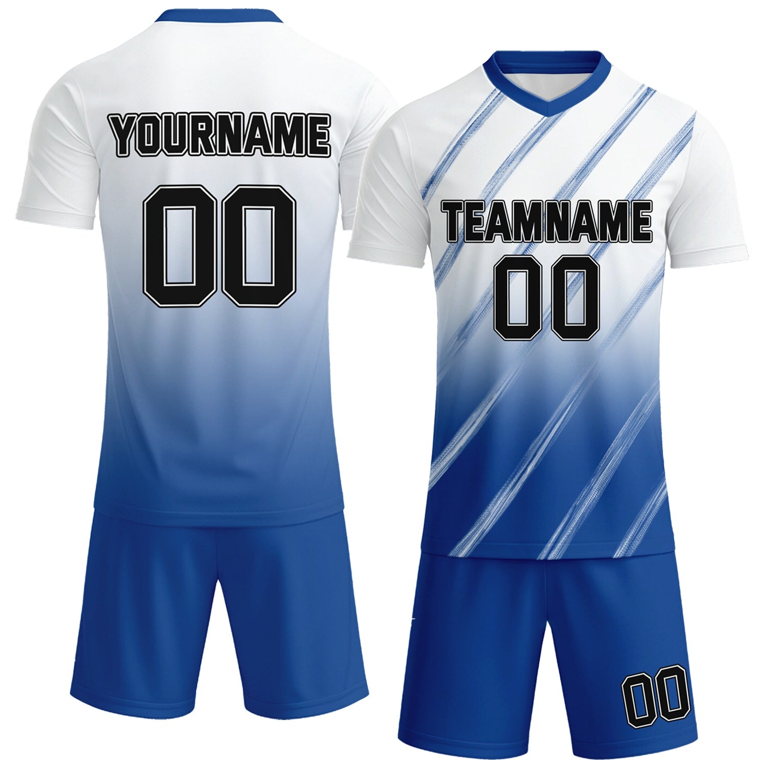 Custom white & royal blue gradient soccer jersey set, personalized name number team logo, short-sleeve jersey with matching shorts sports uniform for men women youth adult game practice - Vosoli