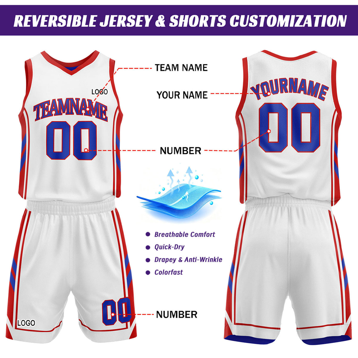 Custom White & Royal Blue Reversible Basketball Uniform Set | Personalized Name Number Mesh Jersey Shorts Kit