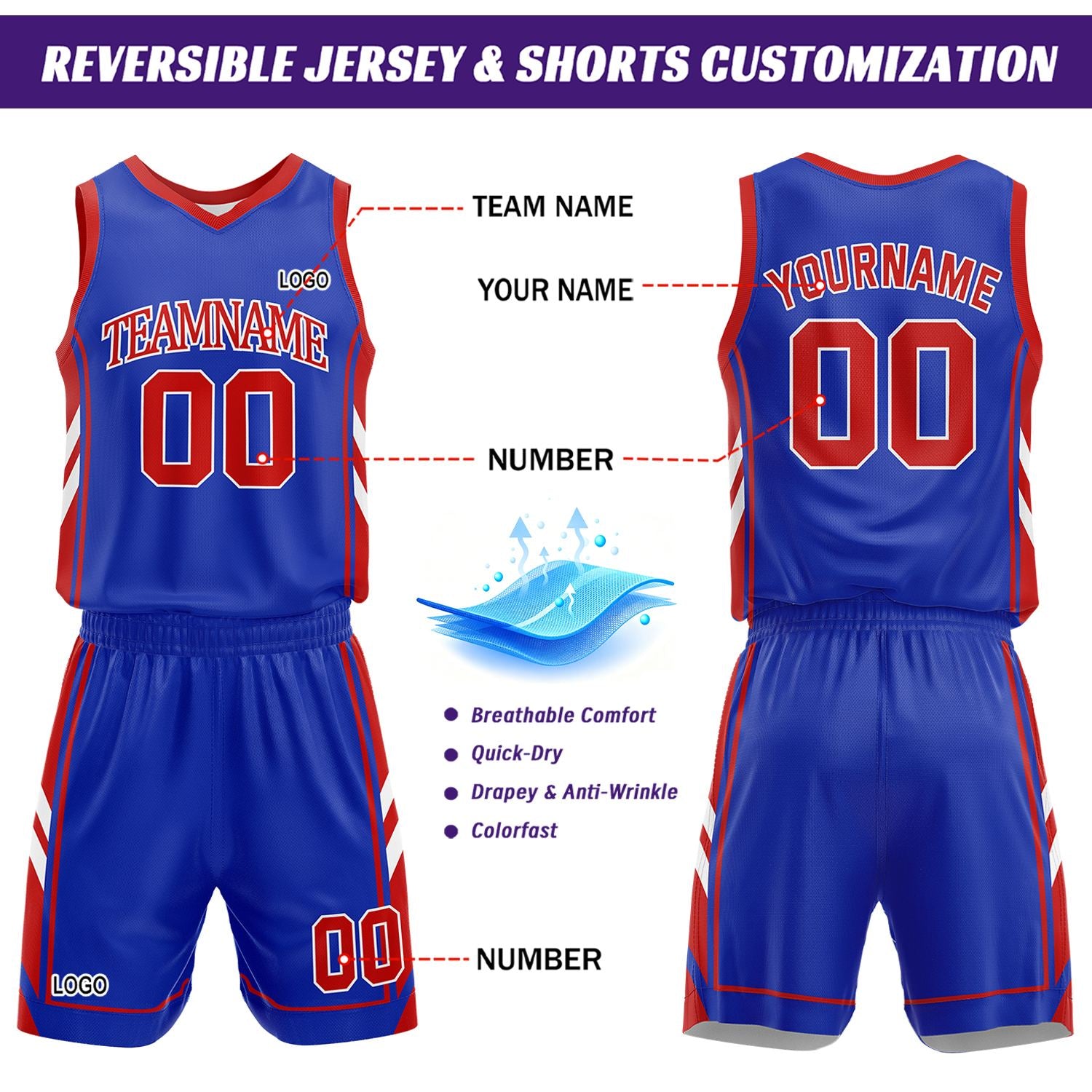 Custom White & Royal Blue Reversible Basketball Uniform Set | Personalized Name Number Mesh Jersey Shorts Kit