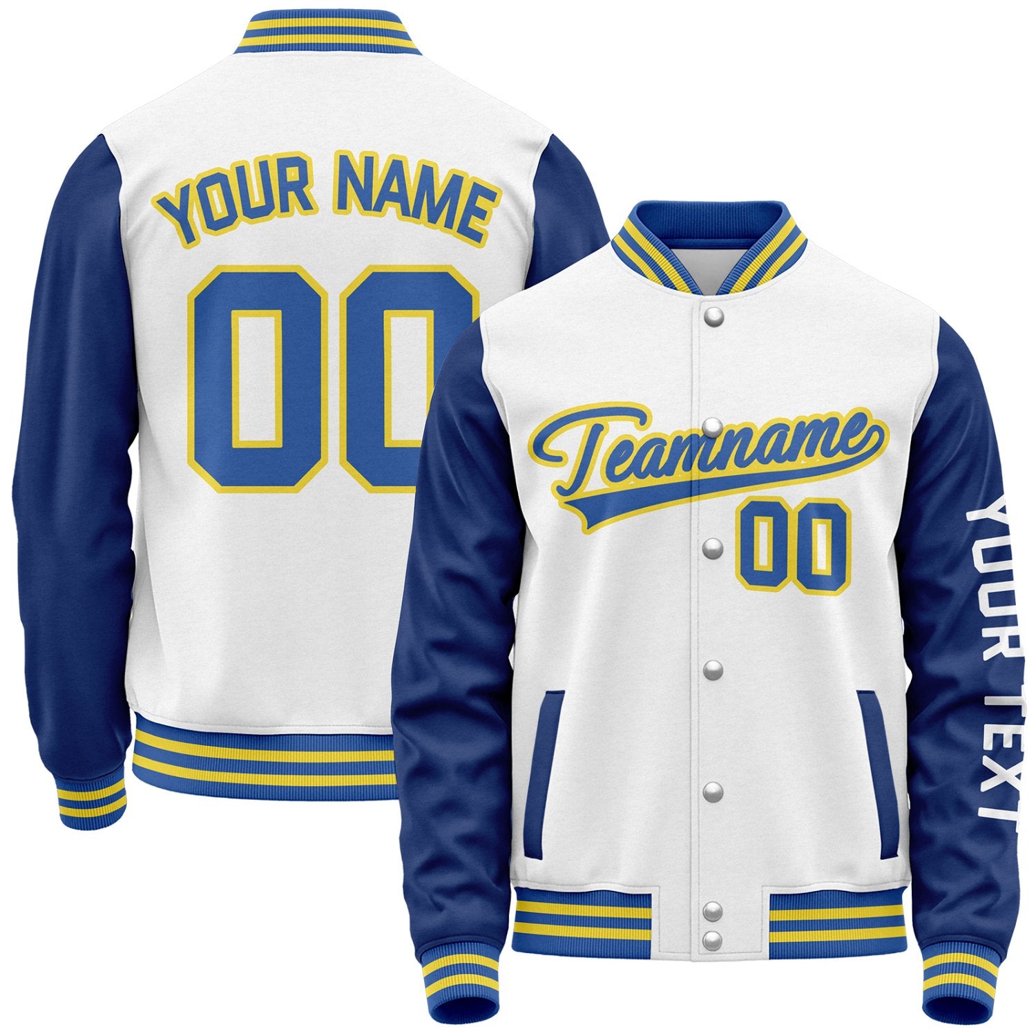 Custom white and royal blue baseball jacket team order by Vosoli with stitched name, number and logo. Classic varsity jacket for baseball and casual wear.