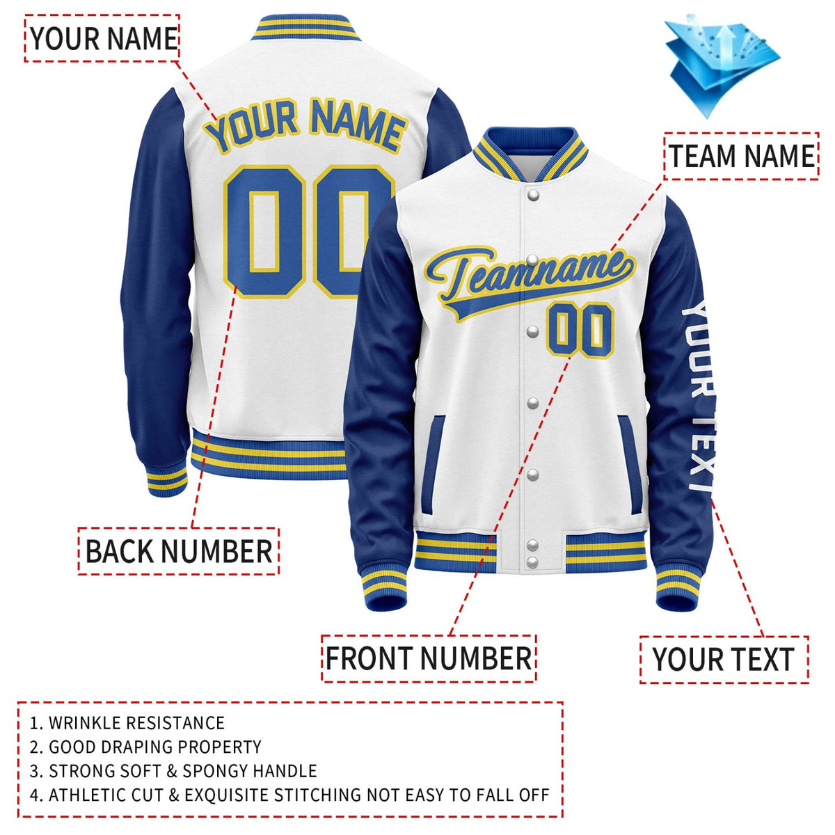 Custom White Royal Blue Jacket Personalized Team Name Number Letterman Bomber for Adult & Youth