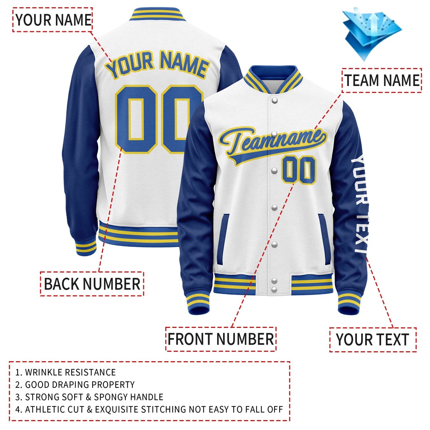 Custom White Royal Blue Jacket Personalized Team Name Number Letterman Bomber for Adult & Youth