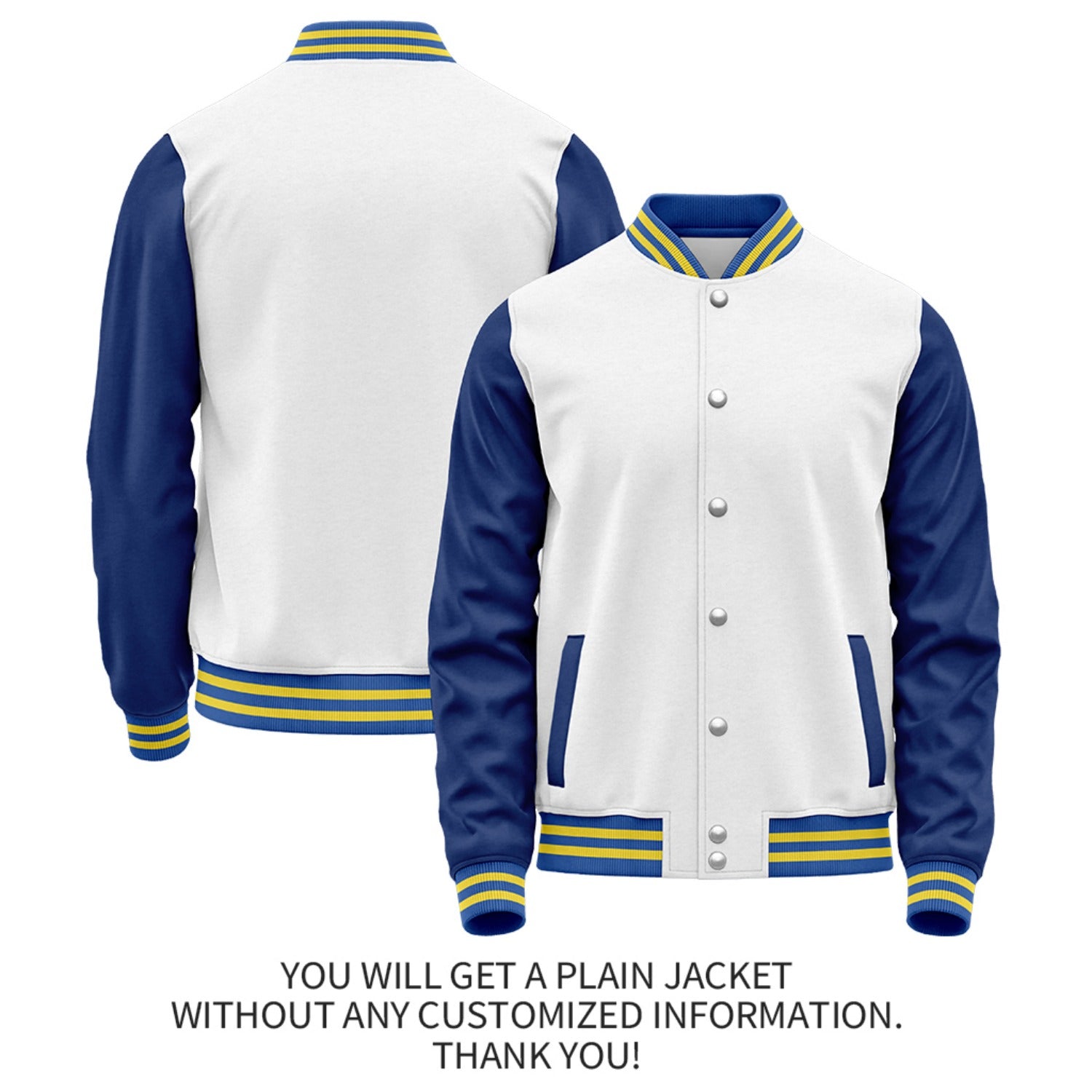 Custom White Royal Blue Jacket Personalized Team Name Number Letterman Bomber for Adult & Youth