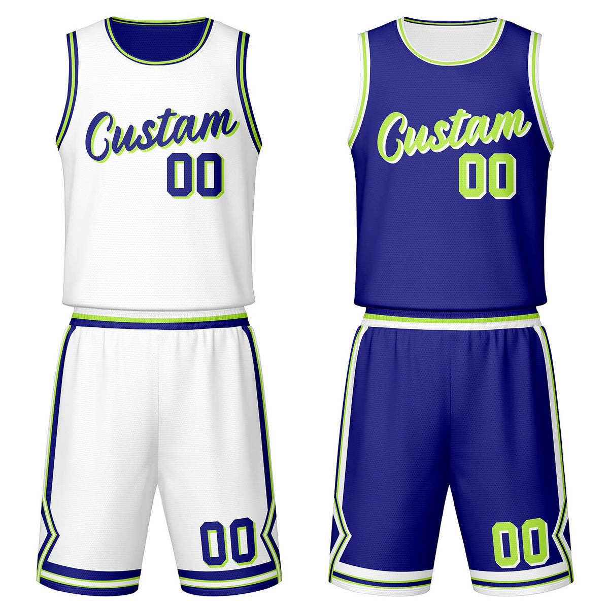 Custom white &amp; royal blue reversible basketball jersey set with shorts by Vosoli | Personalized team name, number &amp; logo | Breathable mesh sport jersey uniform