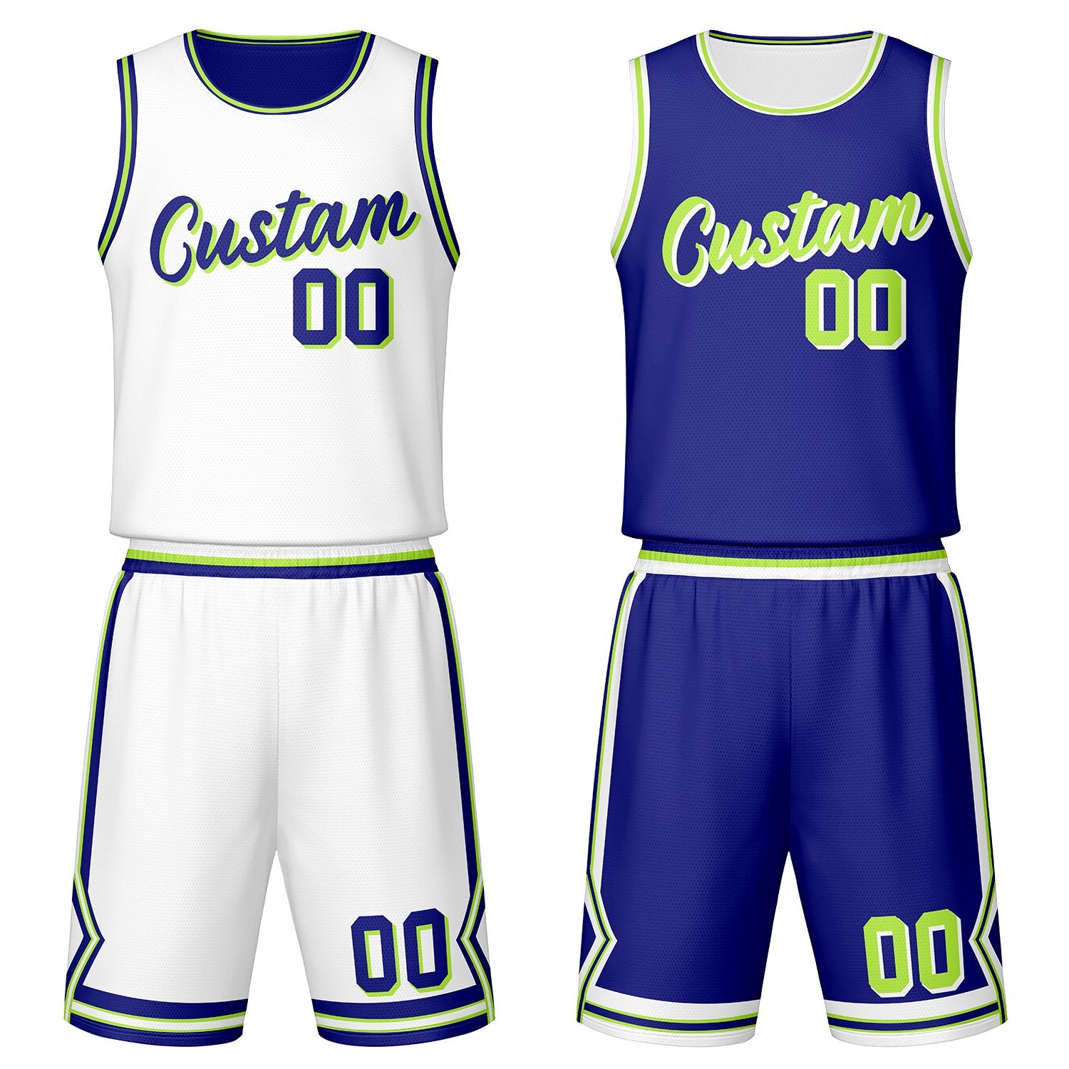 Custom white & royal blue reversible basketball jersey set with shorts by Vosoli | Personalized team name, number & logo | Breathable mesh sport jersey uniform