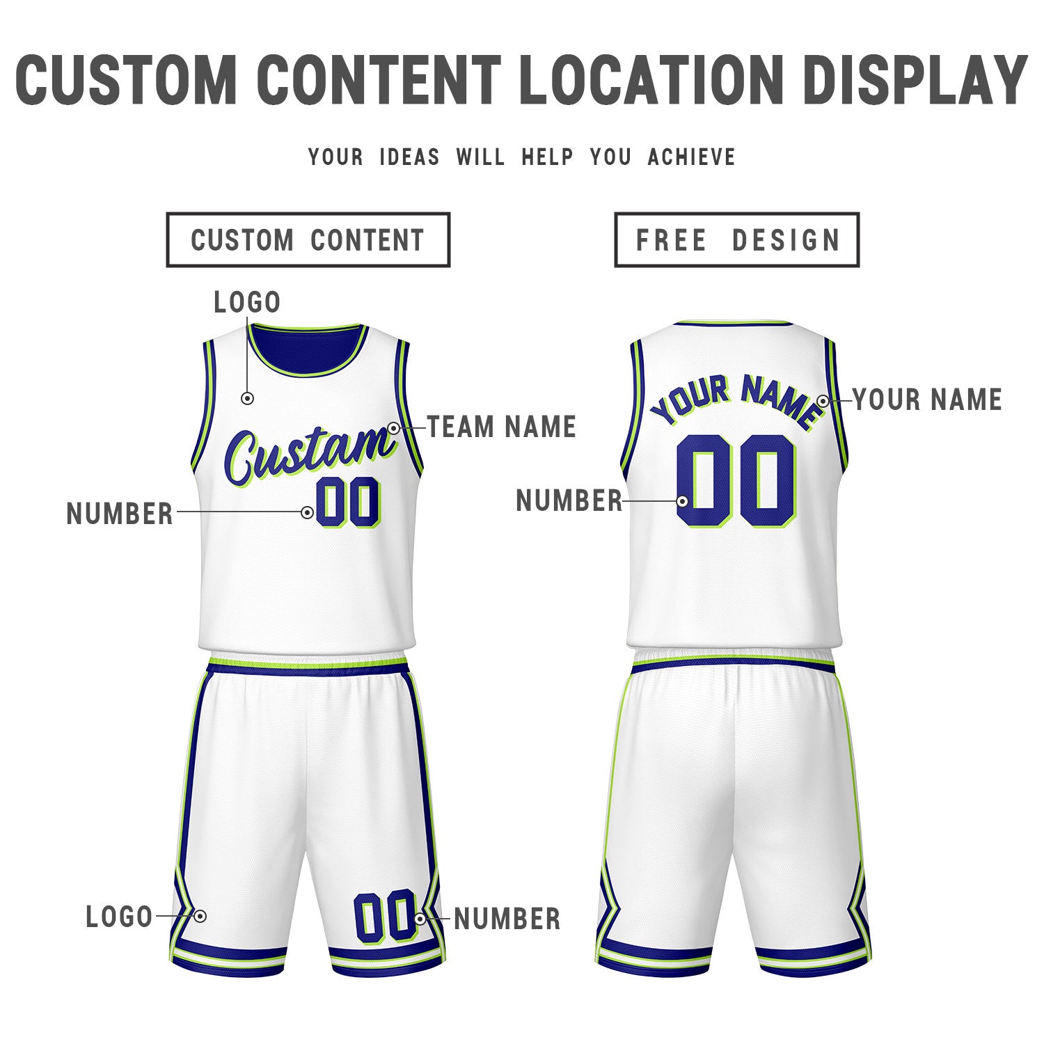 Custom White Royal Blue Reversible Basketball Jersey Set | Personalized Name Number Mesh Sports Uniform